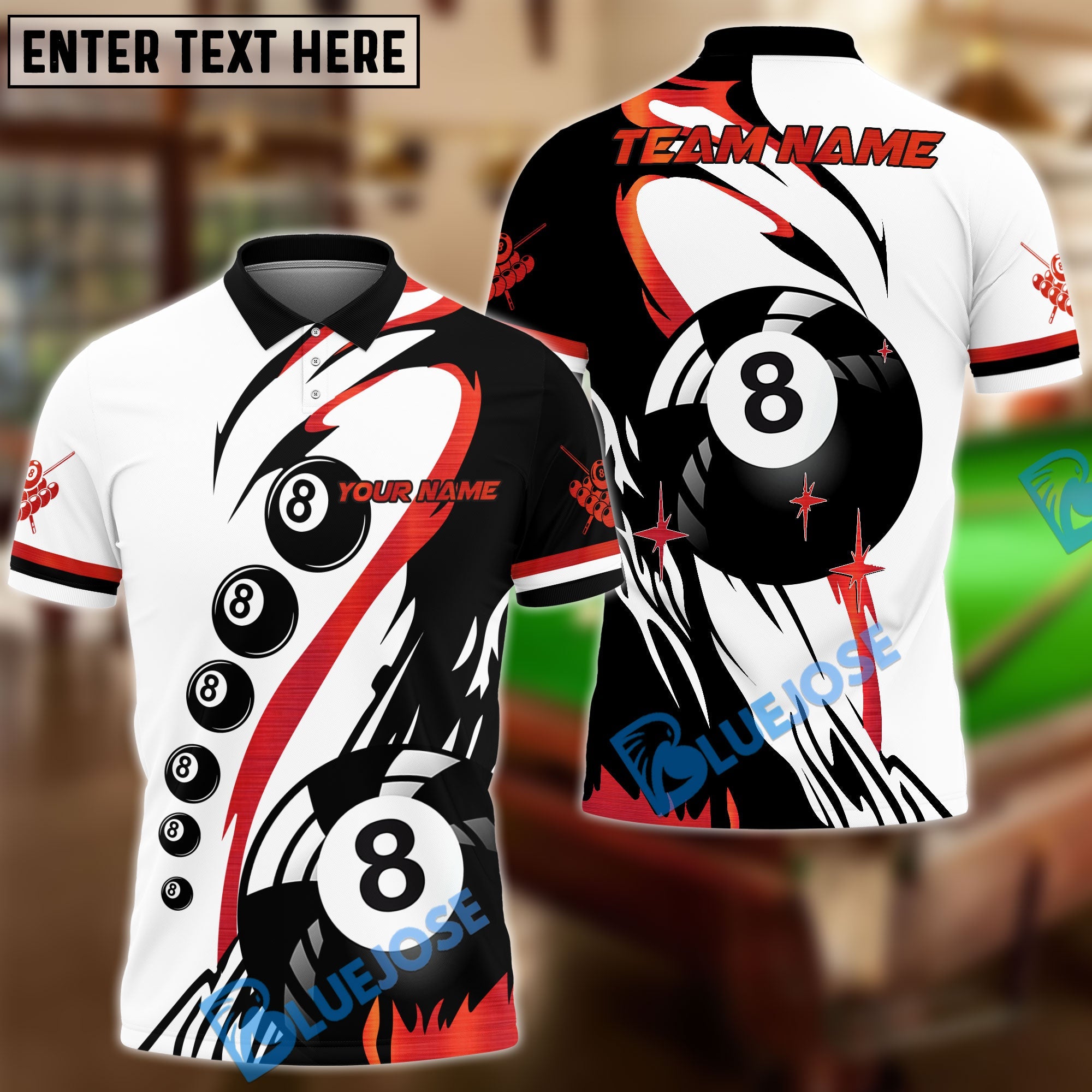 BlueJose Billiards Classic 8-Ball Black & White Personalized Name Shirt (4 Colors)