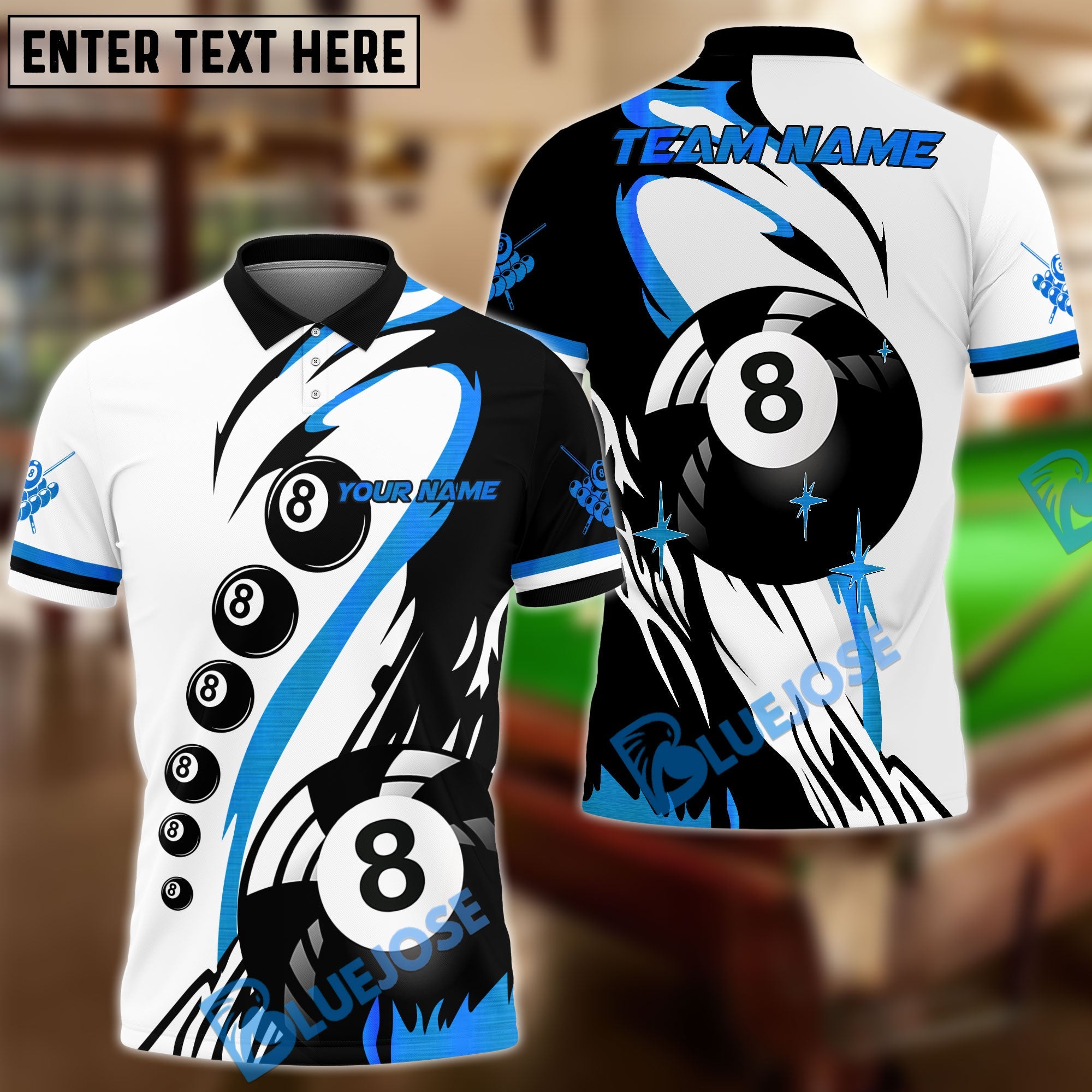 BlueJose Billiards Classic 8-Ball Black & White Personalized Name Shirt (4 Colors)