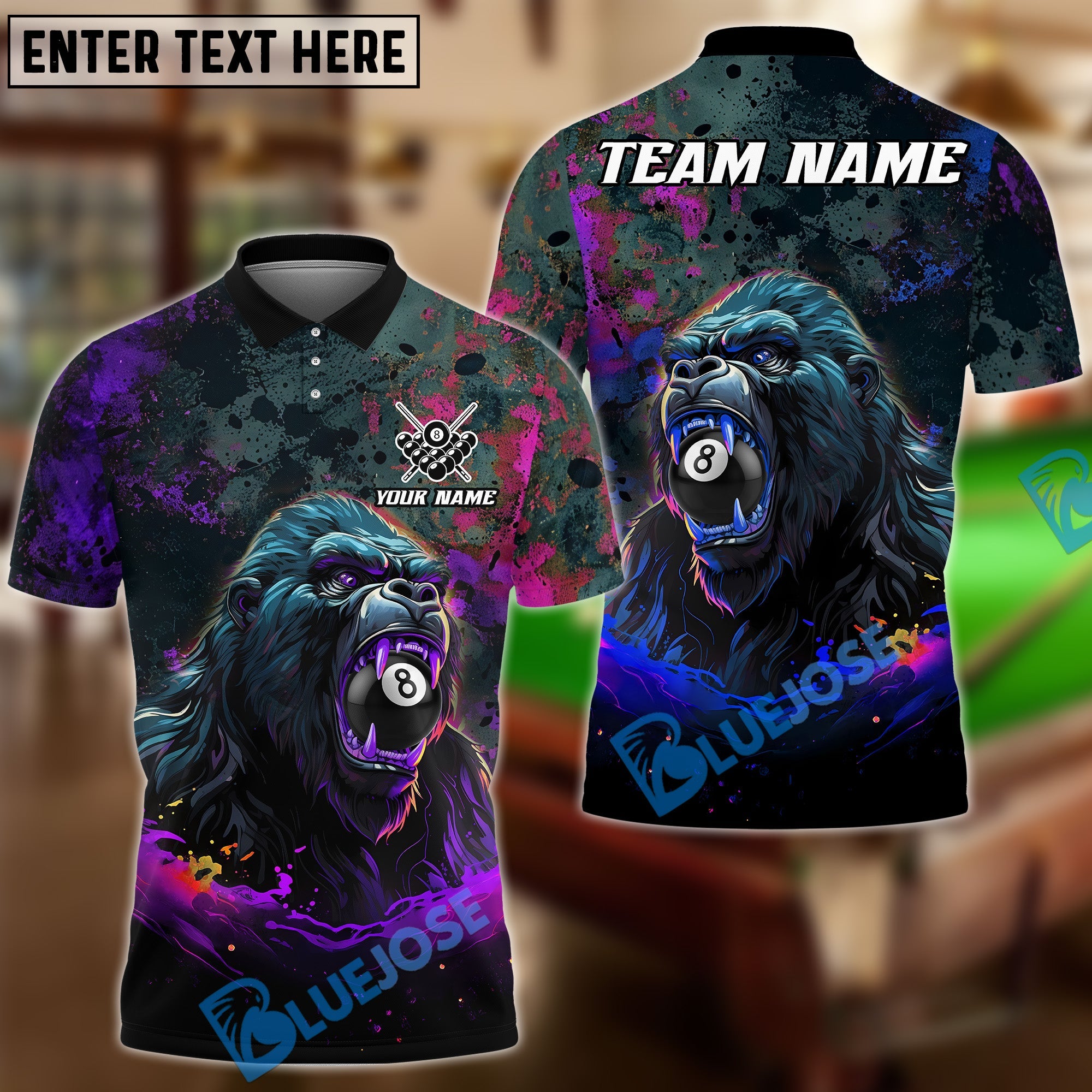 BlueJose Billiards 8-Ball Fierce Gorilla Personalized Name Shirt (4 Colors)