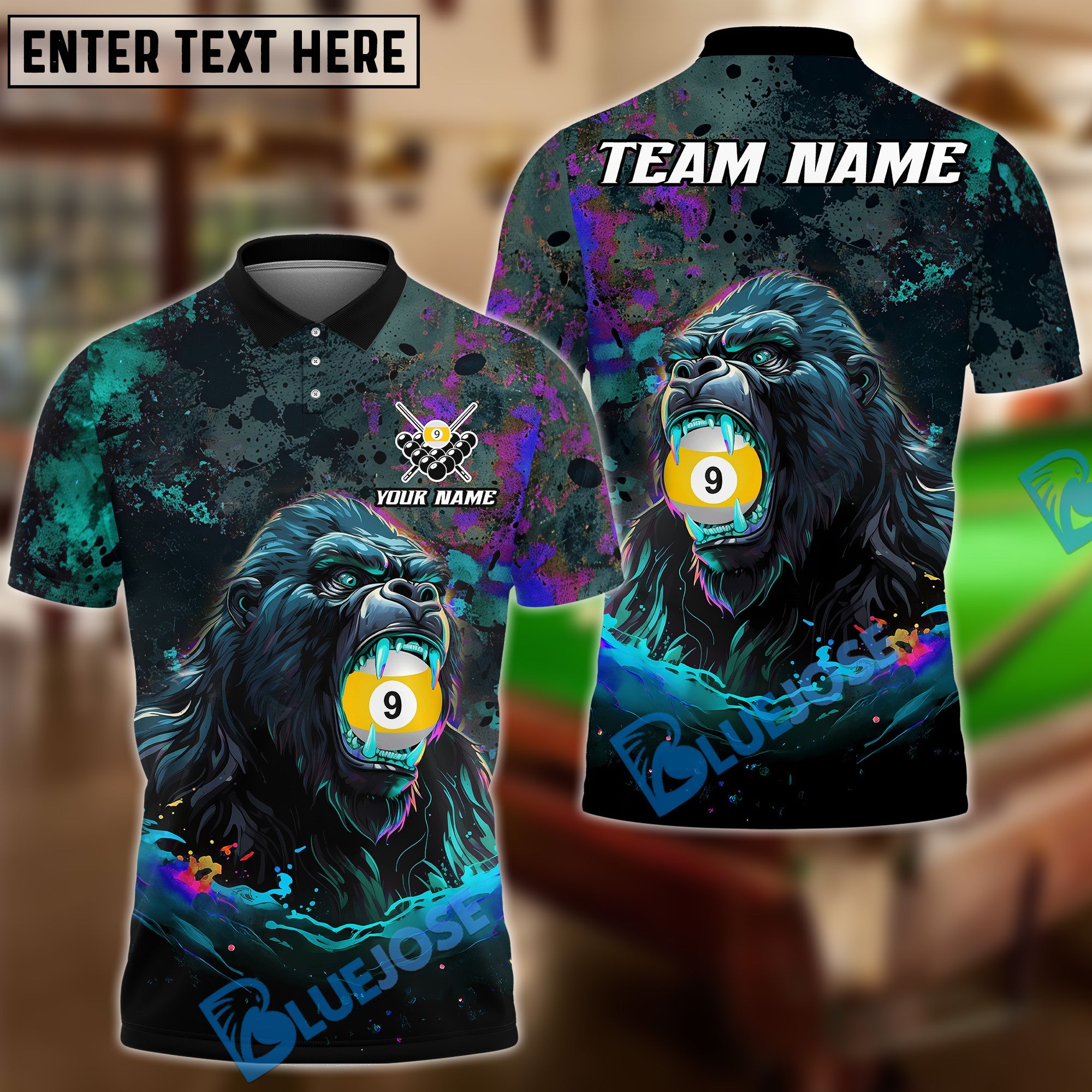 BlueJose Billiards 9-Ball Fierce Gorilla Personalized Name Shirt (4 Colors)