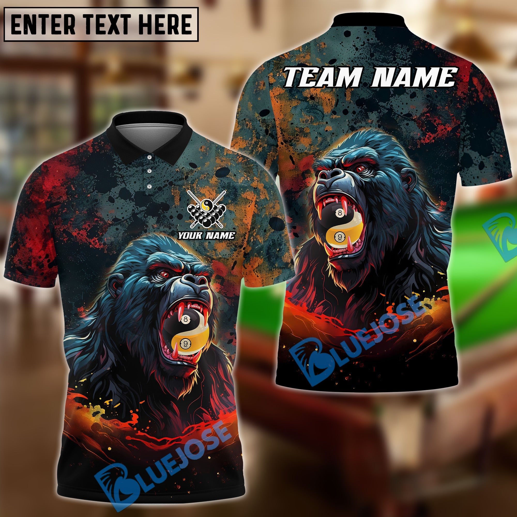 BlueJose Billiards Fierce Gorilla Yin Yang Ball 8 And Ball 9 Personalized Name Shirt (4 Colors)