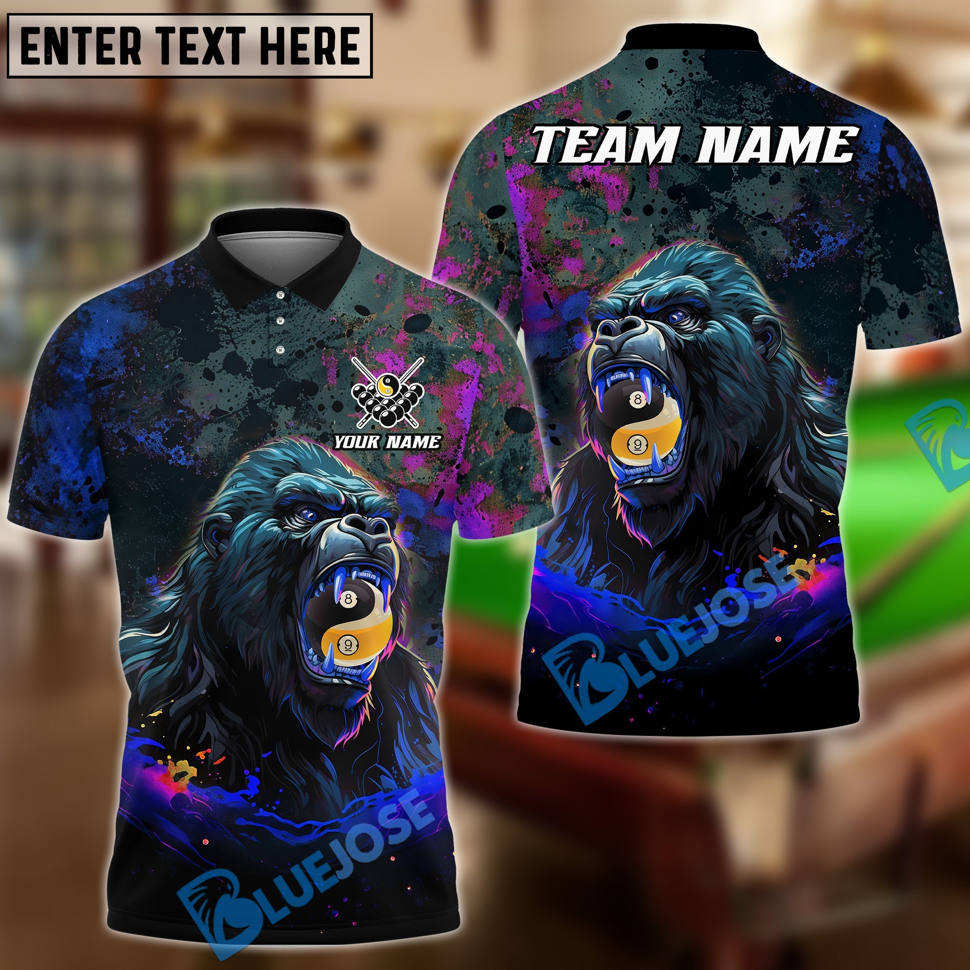 BlueJose Billiards Fierce Gorilla Yin Yang Ball 8 And Ball 9 Personalized Name Shirt (4 Colors)
