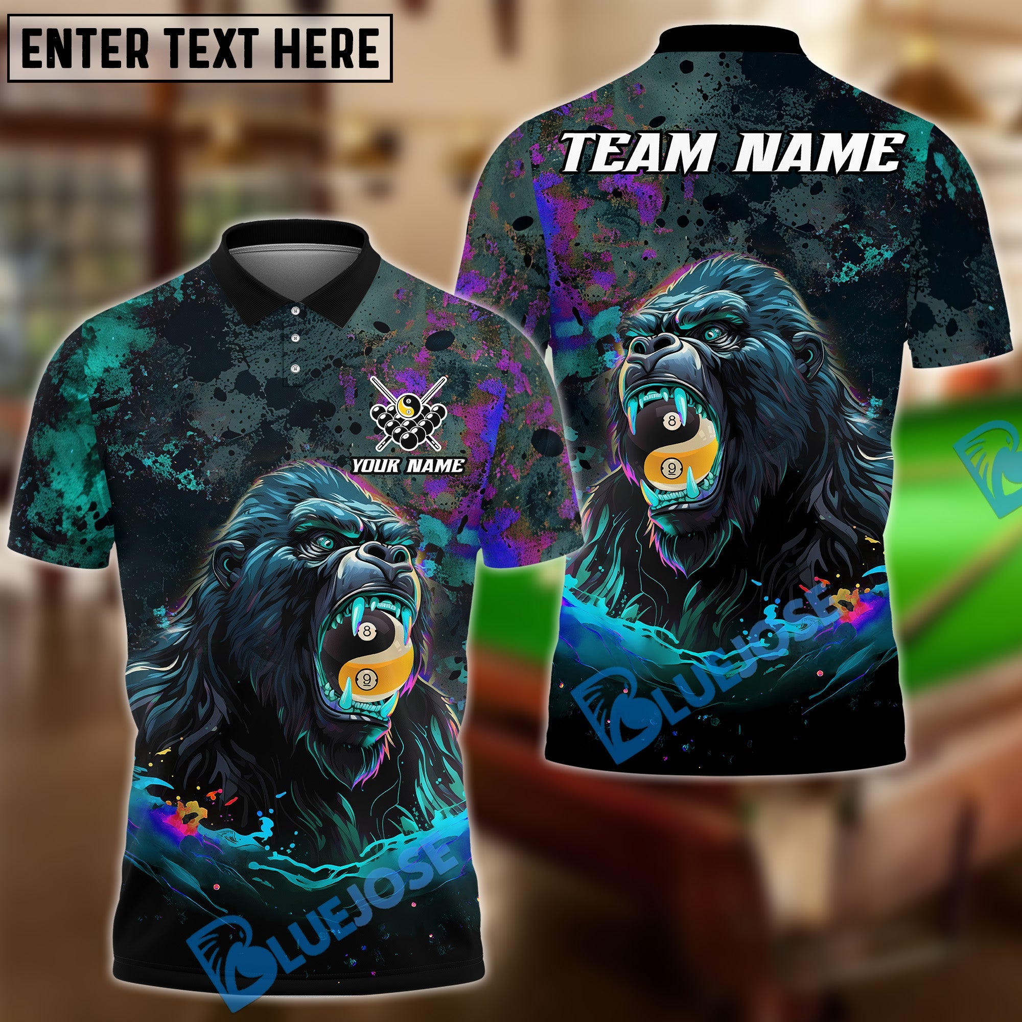 BlueJose Billiards Fierce Gorilla Yin Yang Ball 8 And Ball 9 Personalized Name Shirt (4 Colors)