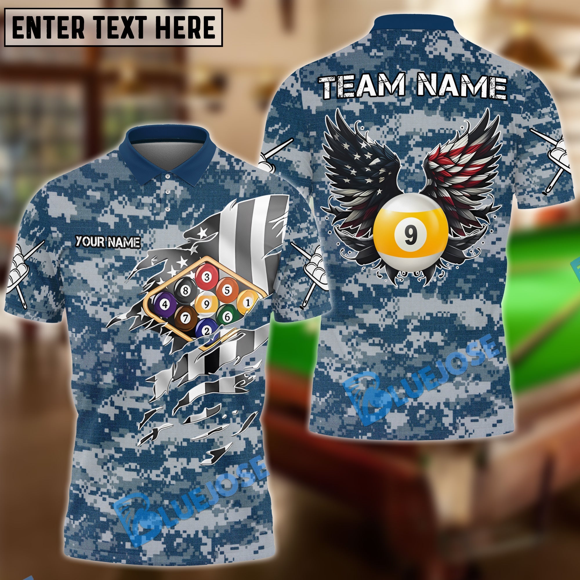BlueJose Billiards 9-Ball Camo American Wings Personalized Name Shirt (4 Colors)