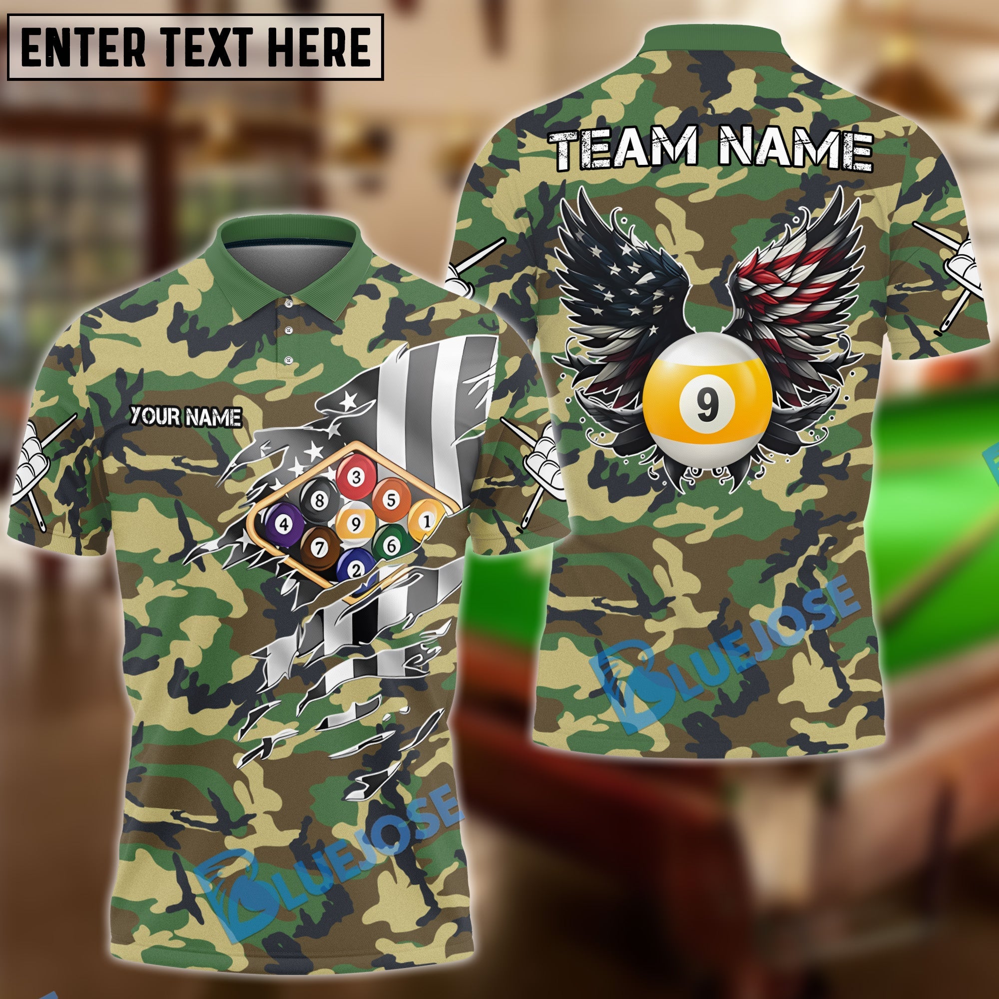 BlueJose Billiards 9-Ball Camo American Wings Personalized Name Shirt (4 Colors)