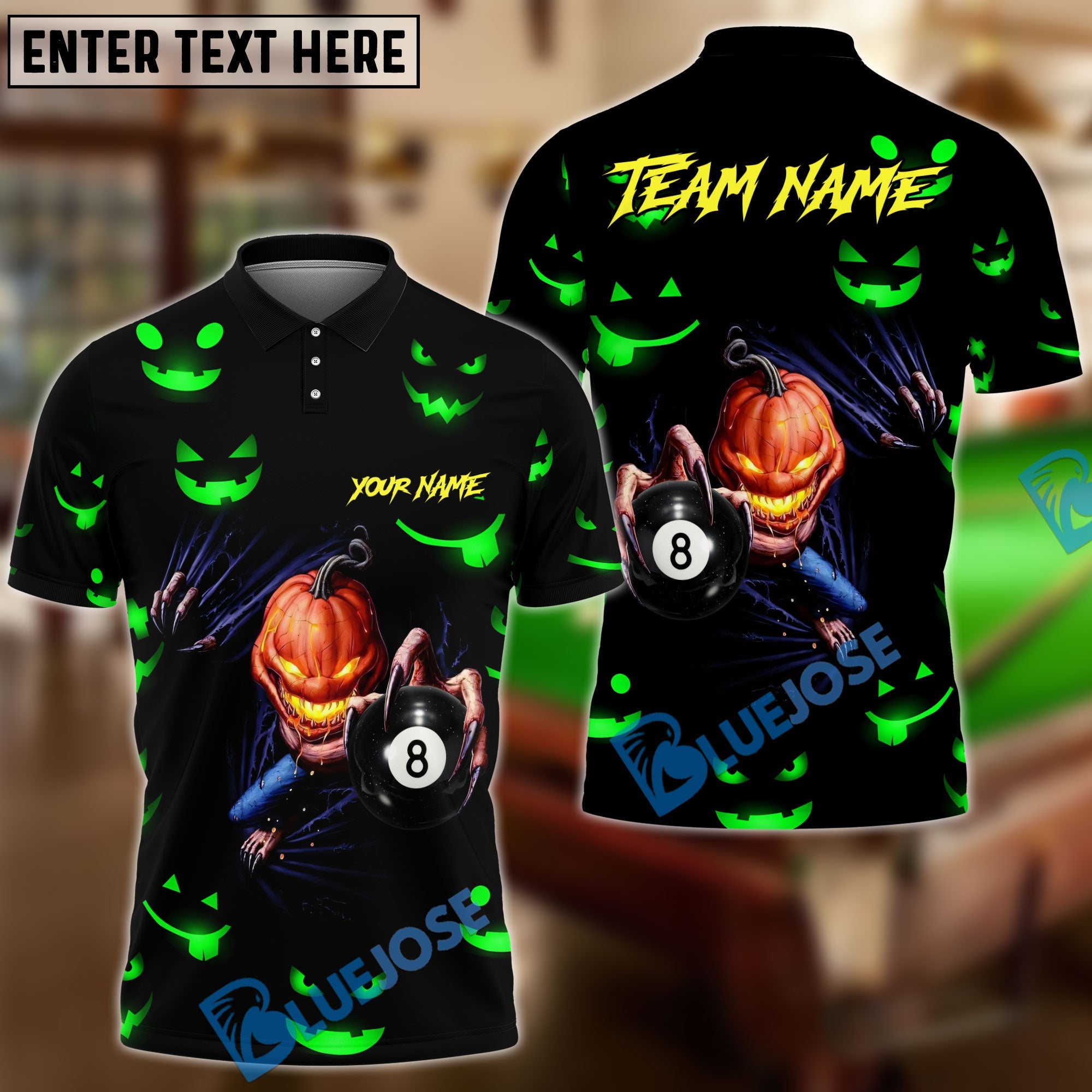 BlueJose Billiards Ball 8 Halloween Pumpkin Scary Head Personalized Name, Team Name Unisex Shirt (4 Colors)