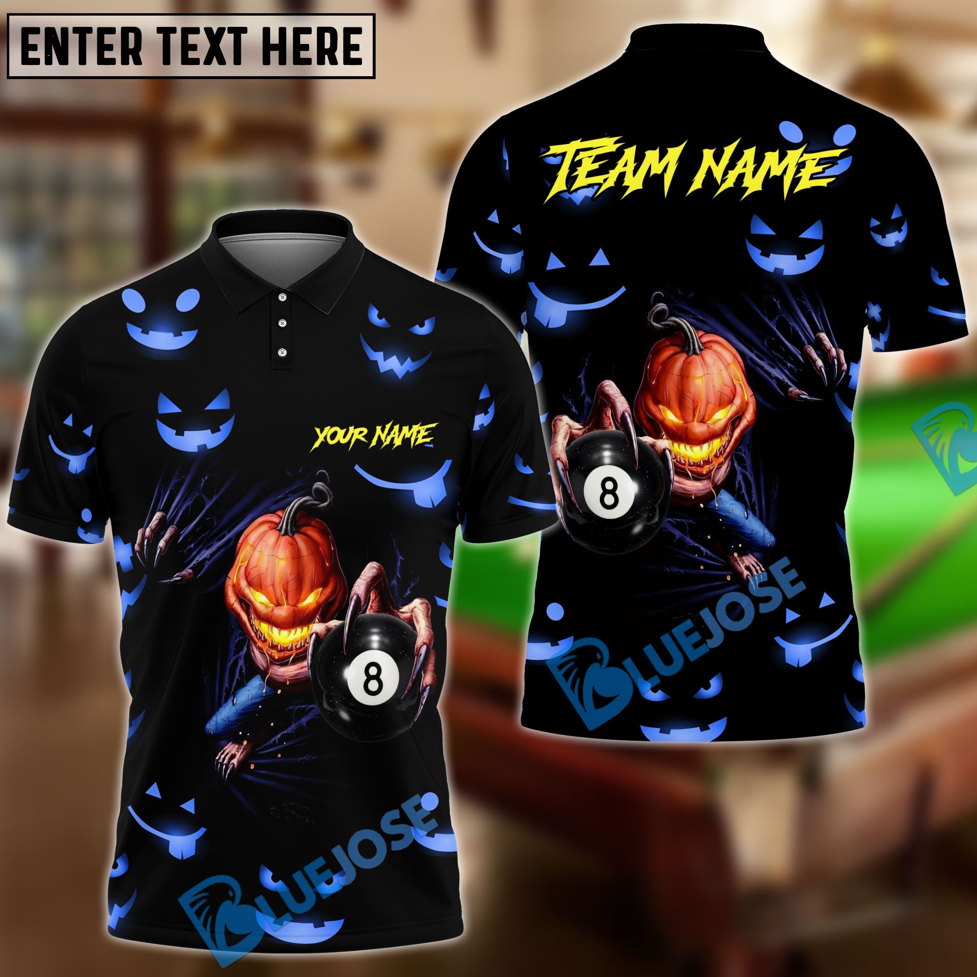 BlueJose Billiards Ball 8 Halloween Pumpkin Scary Head Personalized Name, Team Name Unisex Shirt (4 Colors)