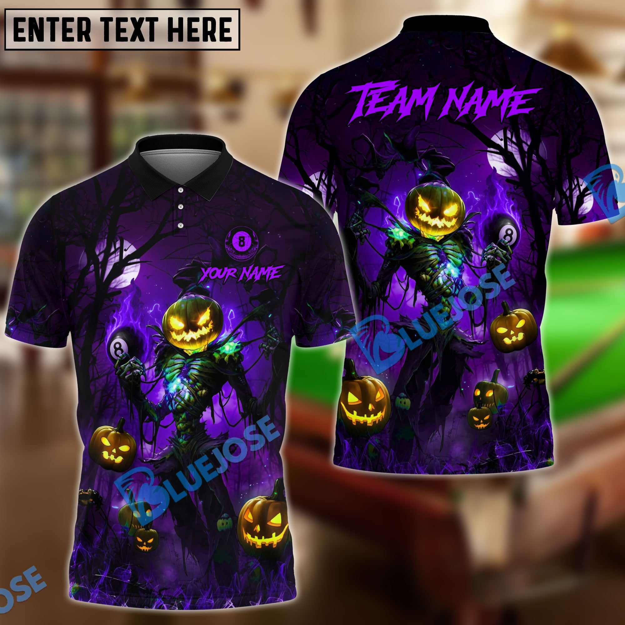 BlueJose Billiards Ball 8 Halloween Pumpkin Head Haunt Night Personalized Name, Team Name Unisex Shirt (4 Colors)