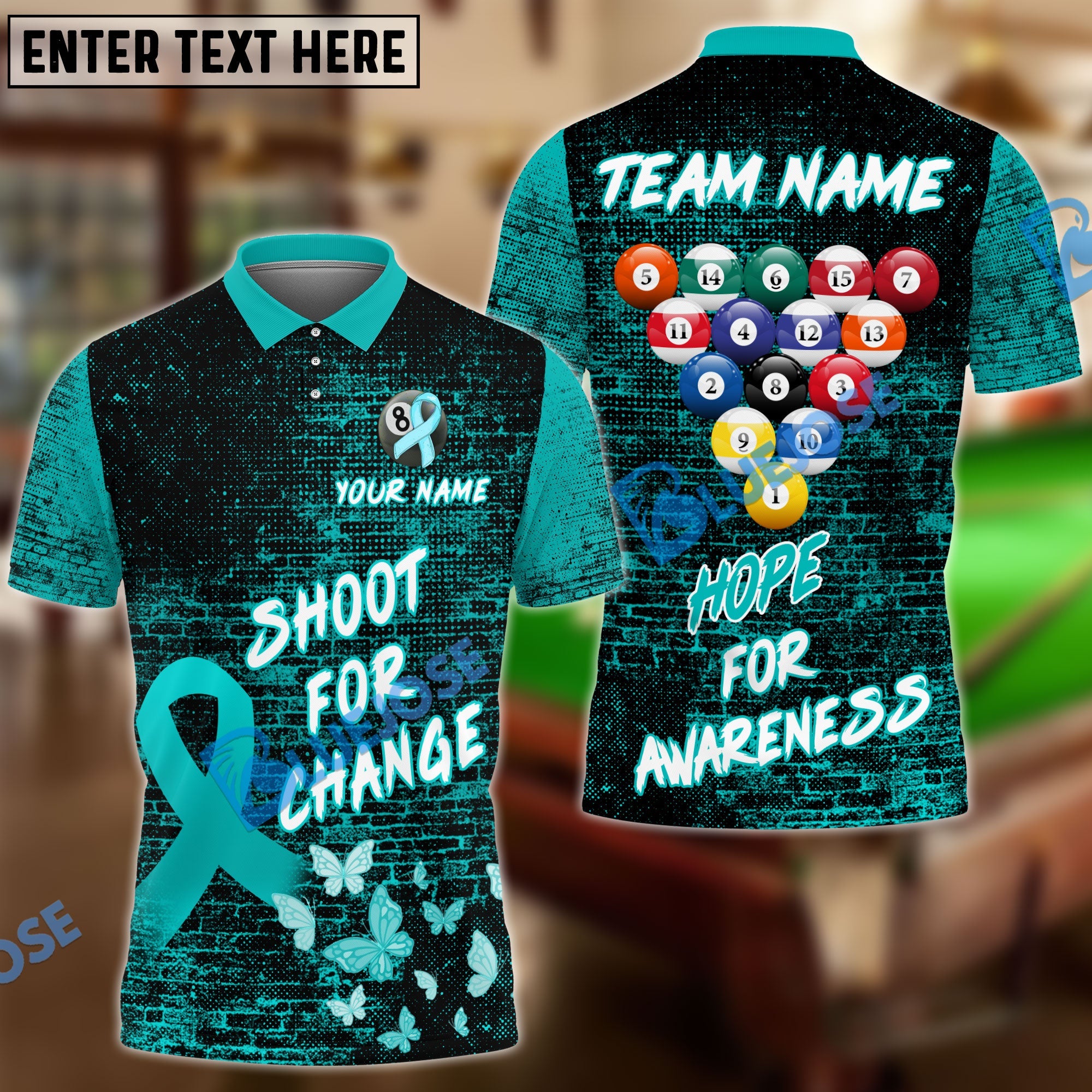 BlueJose Billiards Ball 8 Shoot For Change Hope For Awareness Personalized Name, Team Name Unisex Shirt (4 Colors)