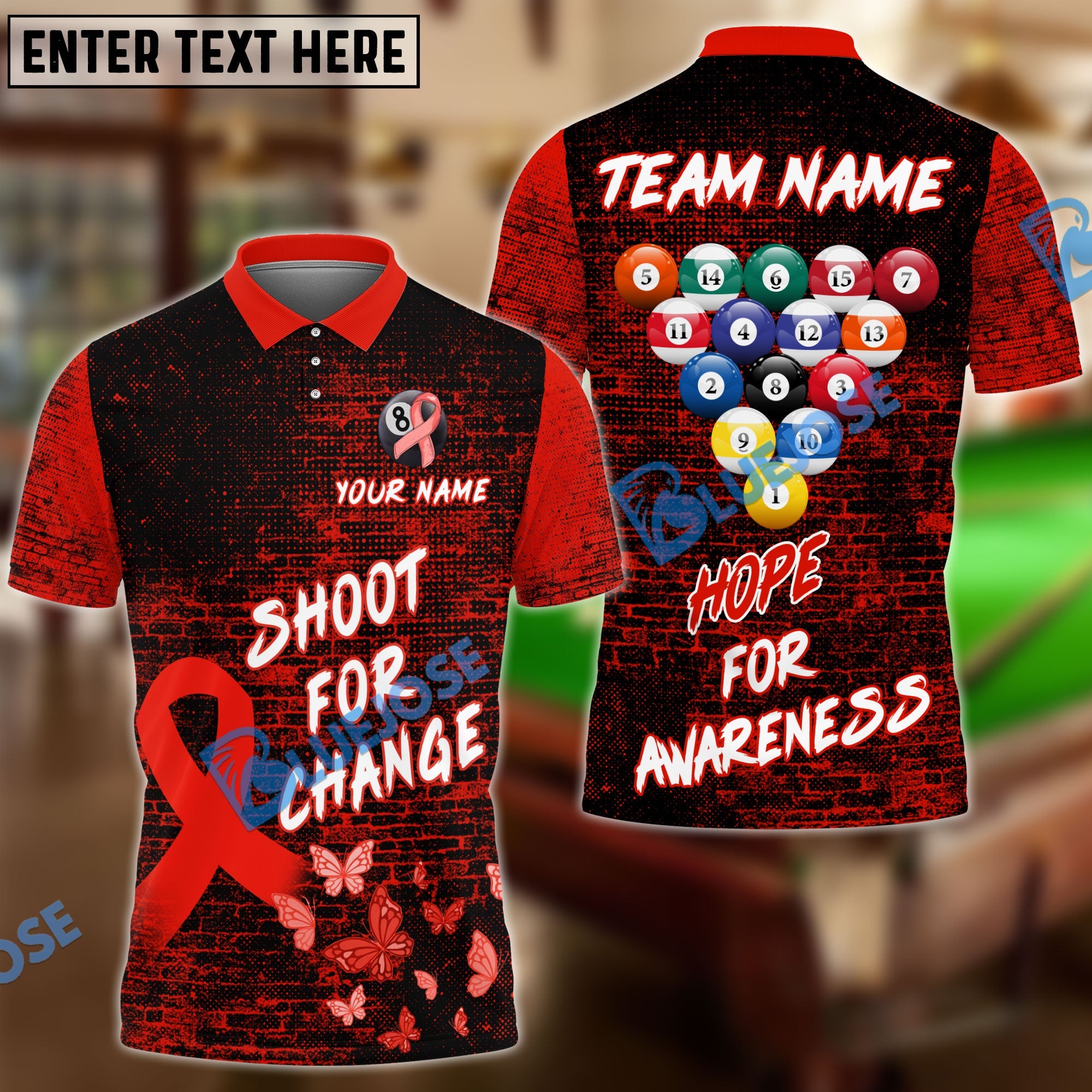 BlueJose Billiards Ball 8 Shoot For Change Hope For Awareness Personalized Name, Team Name Unisex Shirt (4 Colors)