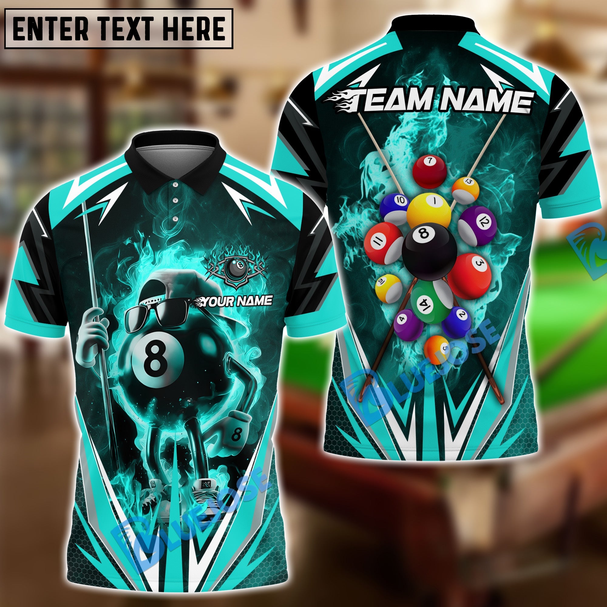 BlueJose Billiards 8 Ball Flame Cartoon Personalized Name, Team Name Unisex Shirt (4 Colors)