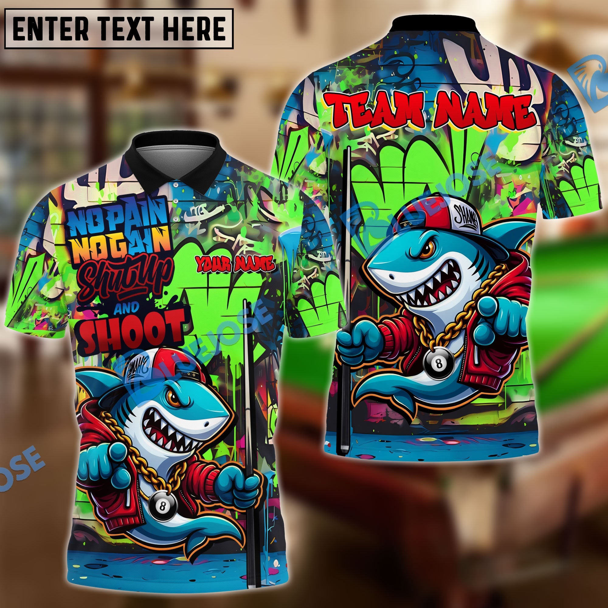 BlueJose Billiards 8 Ball Shark Graffiti Shut Up And Shoot Personalized Name, Team Name Unisex Shirt (4 Colors)