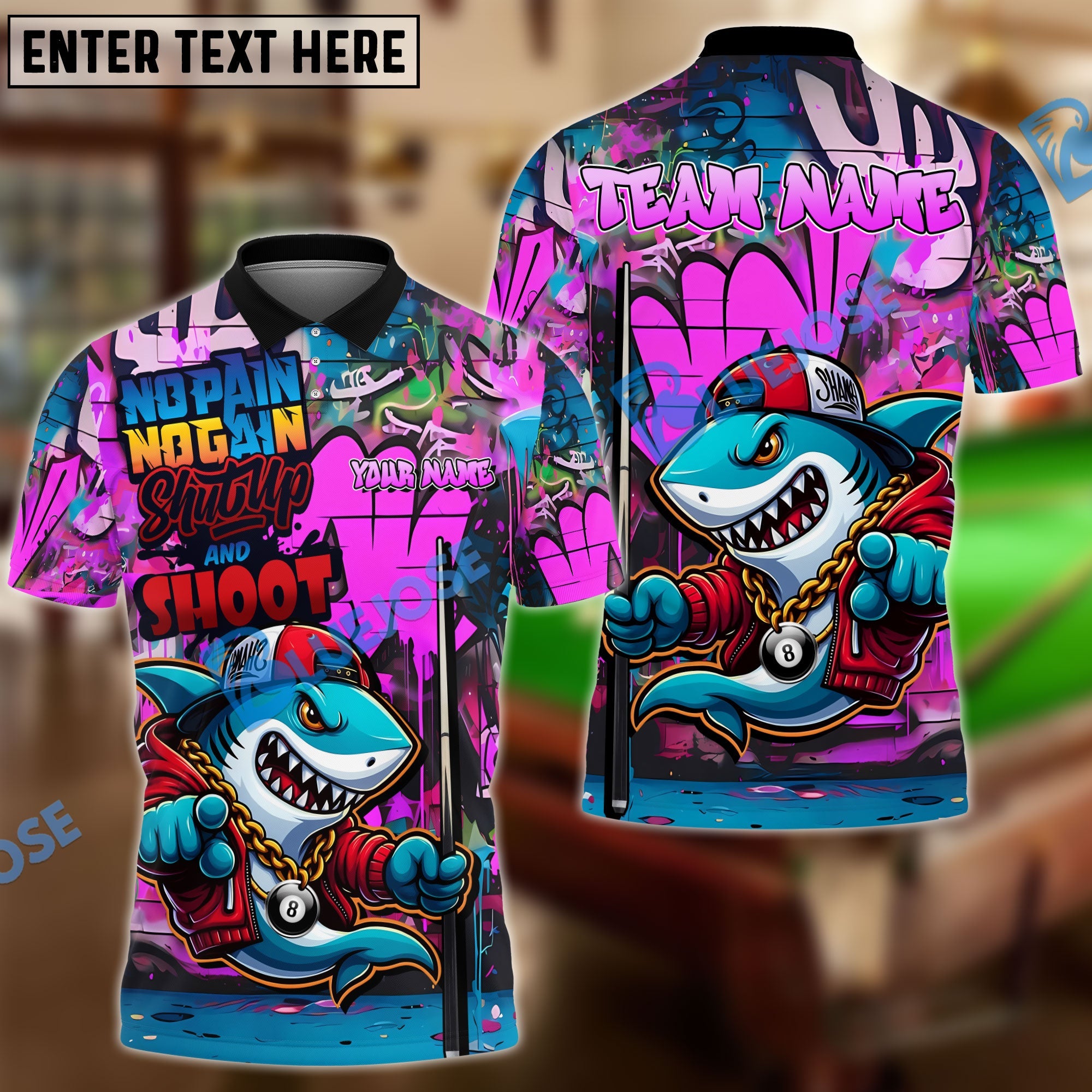 BlueJose Billiards 8 Ball Shark Graffiti Shut Up And Shoot Personalized Name, Team Name Unisex Shirt (4 Colors)