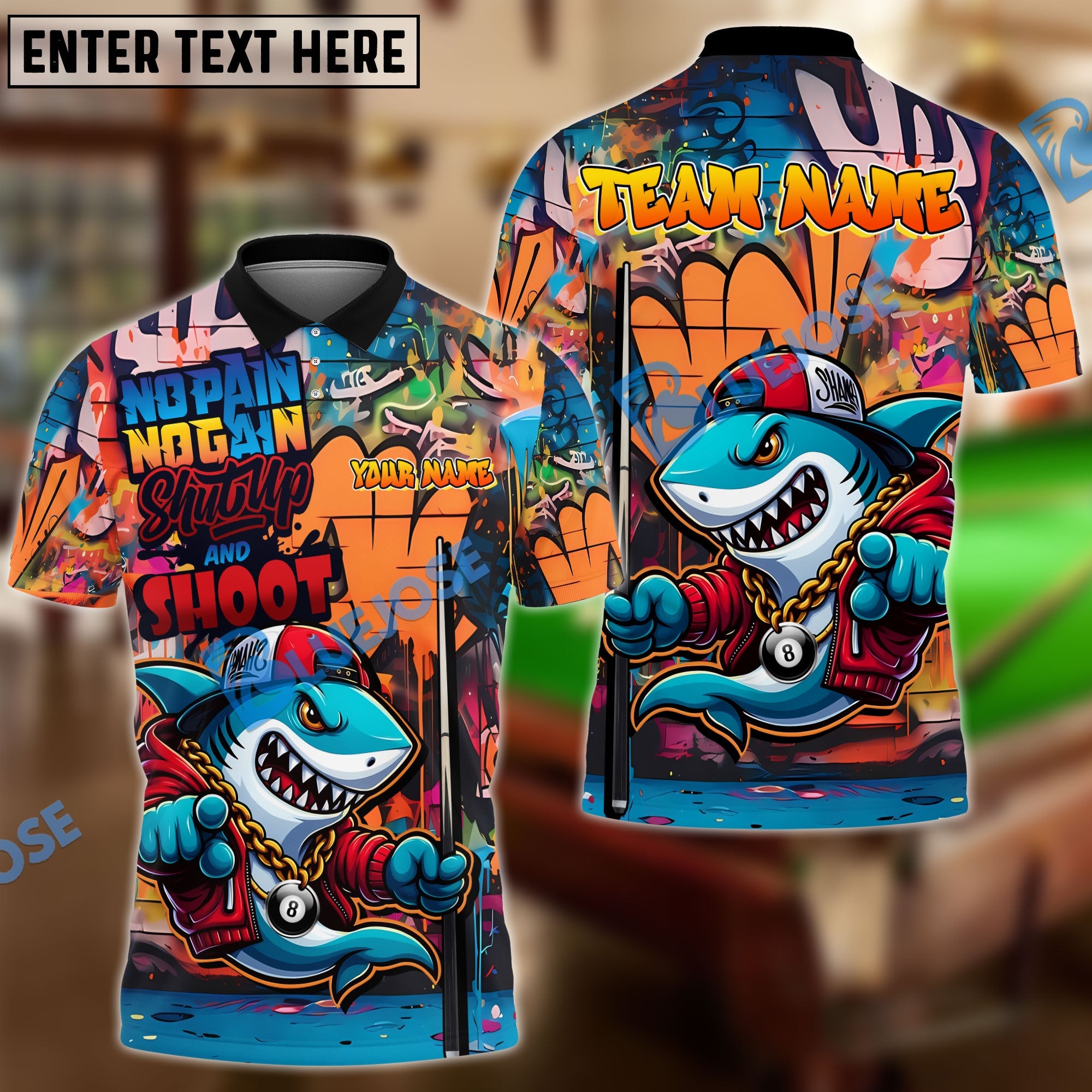 BlueJose Billiards 8 Ball Shark Graffiti Shut Up And Shoot Personalized Name, Team Name Unisex Shirt (4 Colors)