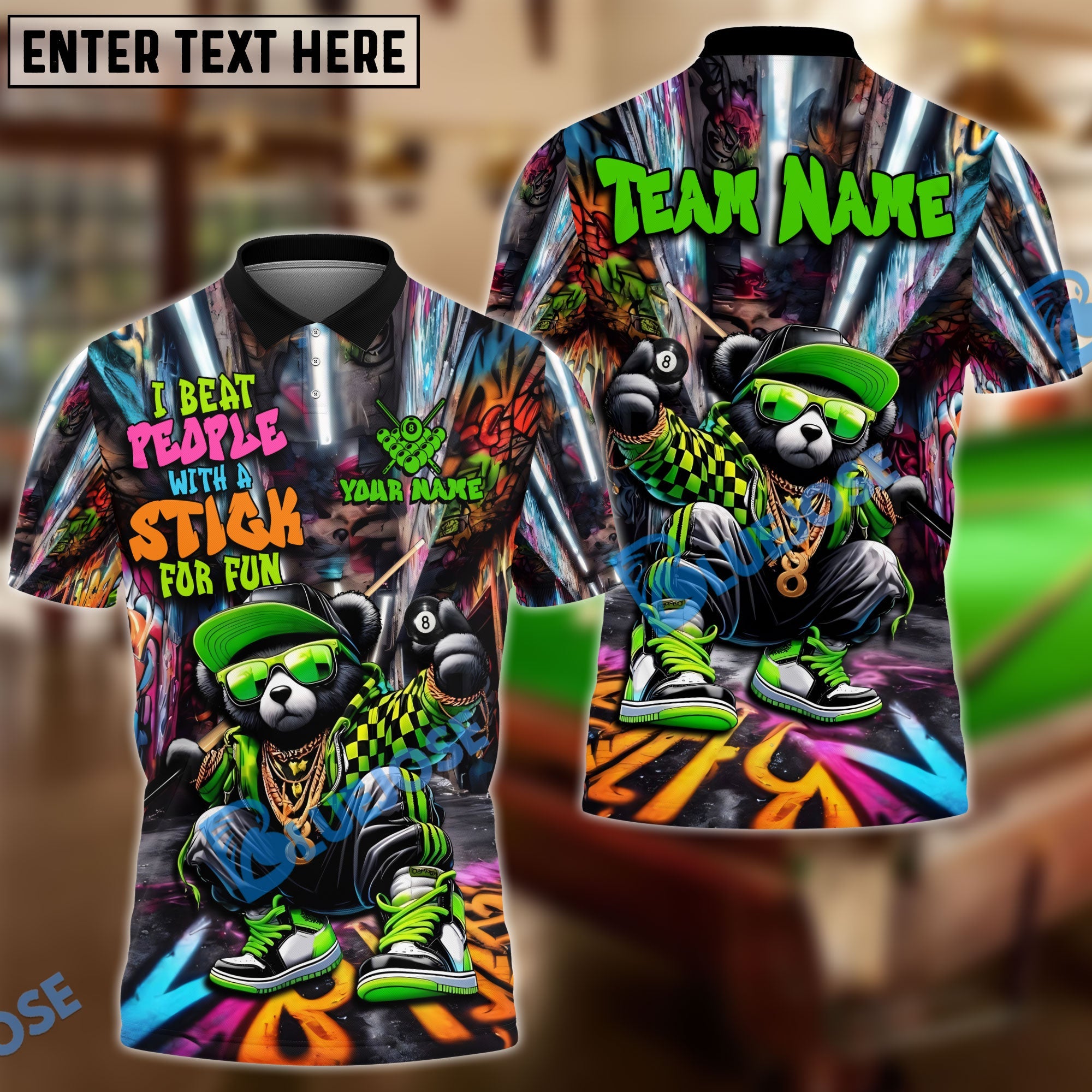BlueJose Billiards 8 Ball Bear Graffiti I Beat People With Stick Personalized Name, Team Name Unisex Shirt (4 Colors)