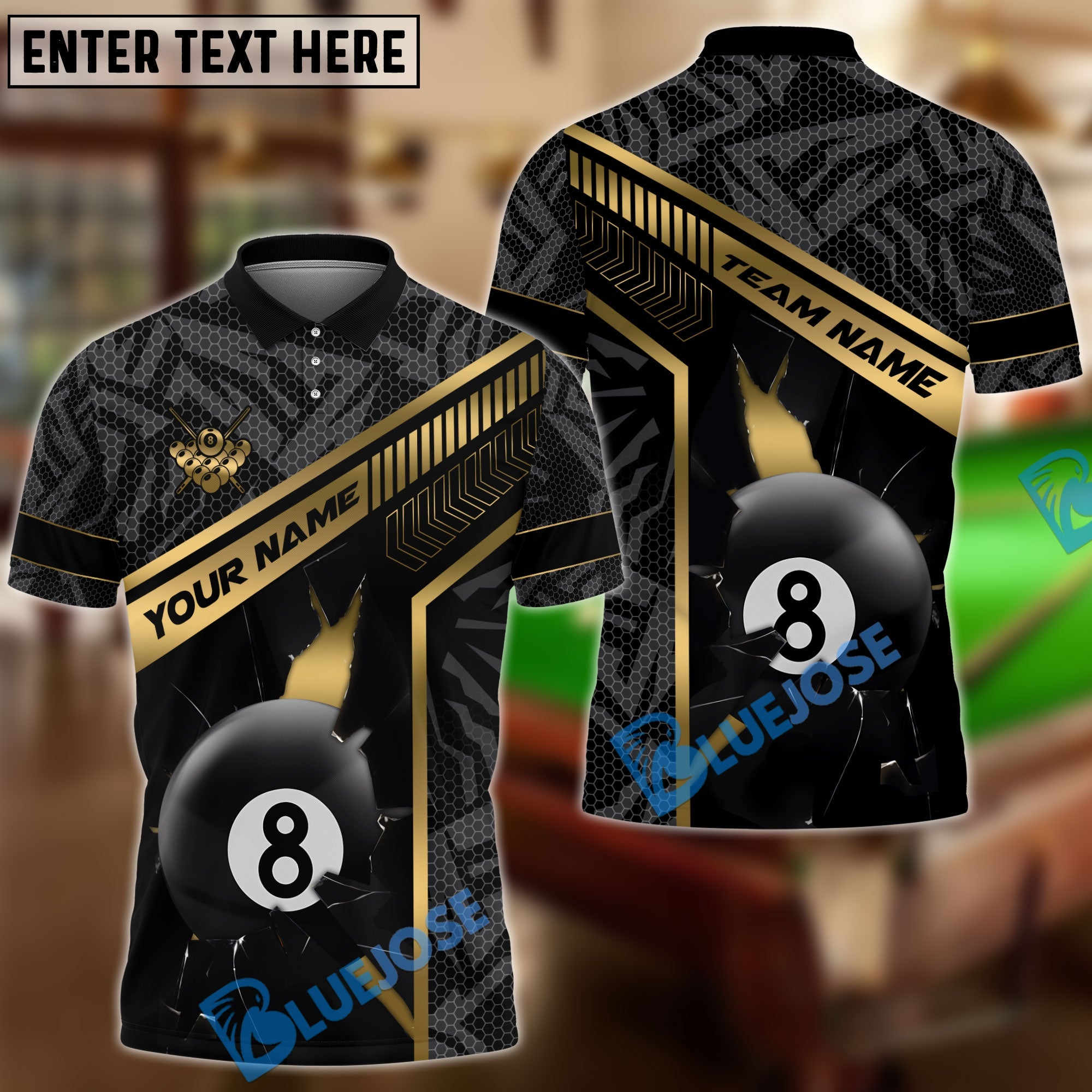 BlueJose Billiards 8-Ball Gold Strike Line Design Personalized Name, Team Name Unisex Shirt (4 Colors)
