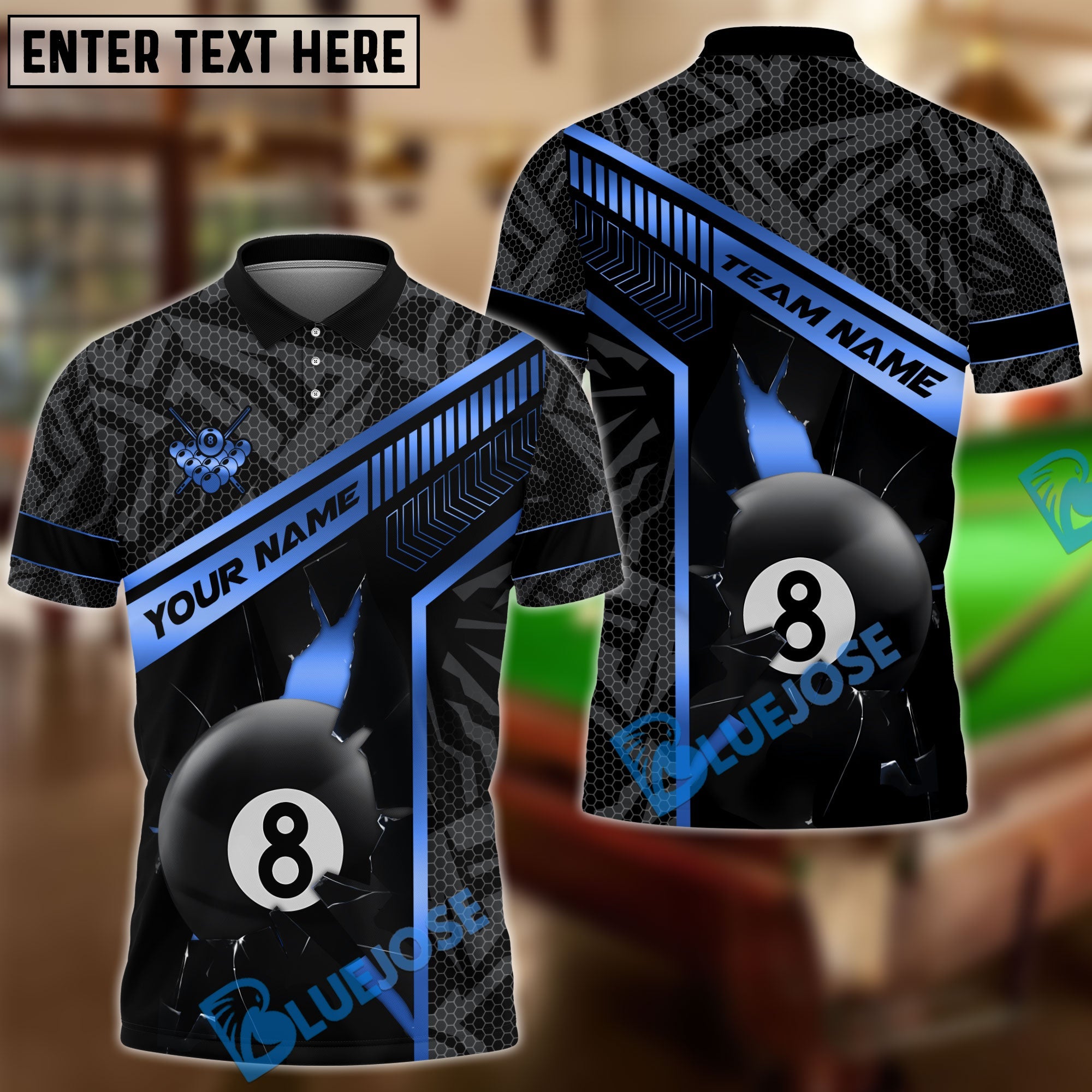 BlueJose Billiards 8-Ball Gold Strike Line Design Personalized Name, Team Name Unisex Shirt (4 Colors)