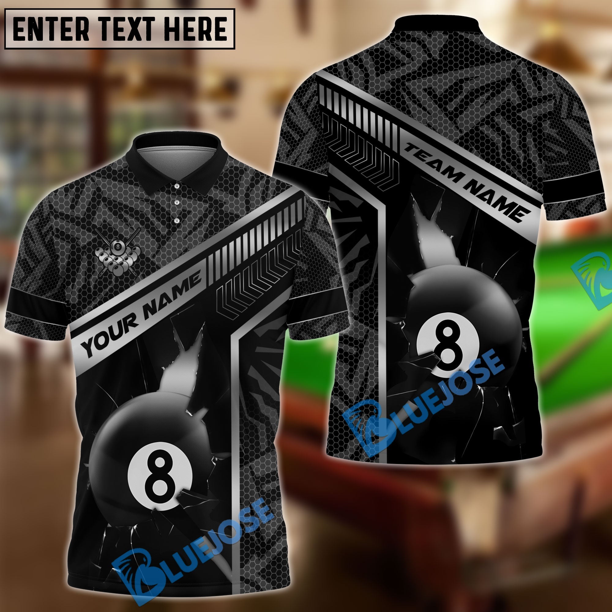 BlueJose Billiards 8-Ball Gold Strike Line Design Personalized Name, Team Name Unisex Shirt (4 Colors)