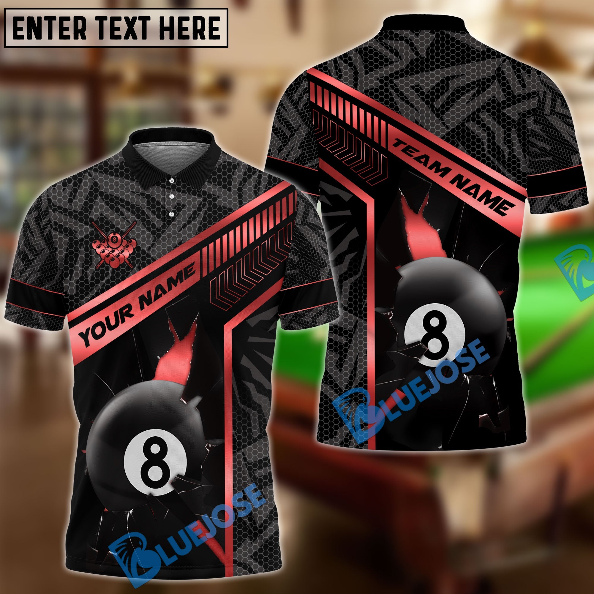 BlueJose Billiards 8-Ball Gold Strike Line Design Personalized Name, Team Name Unisex Shirt (4 Colors)