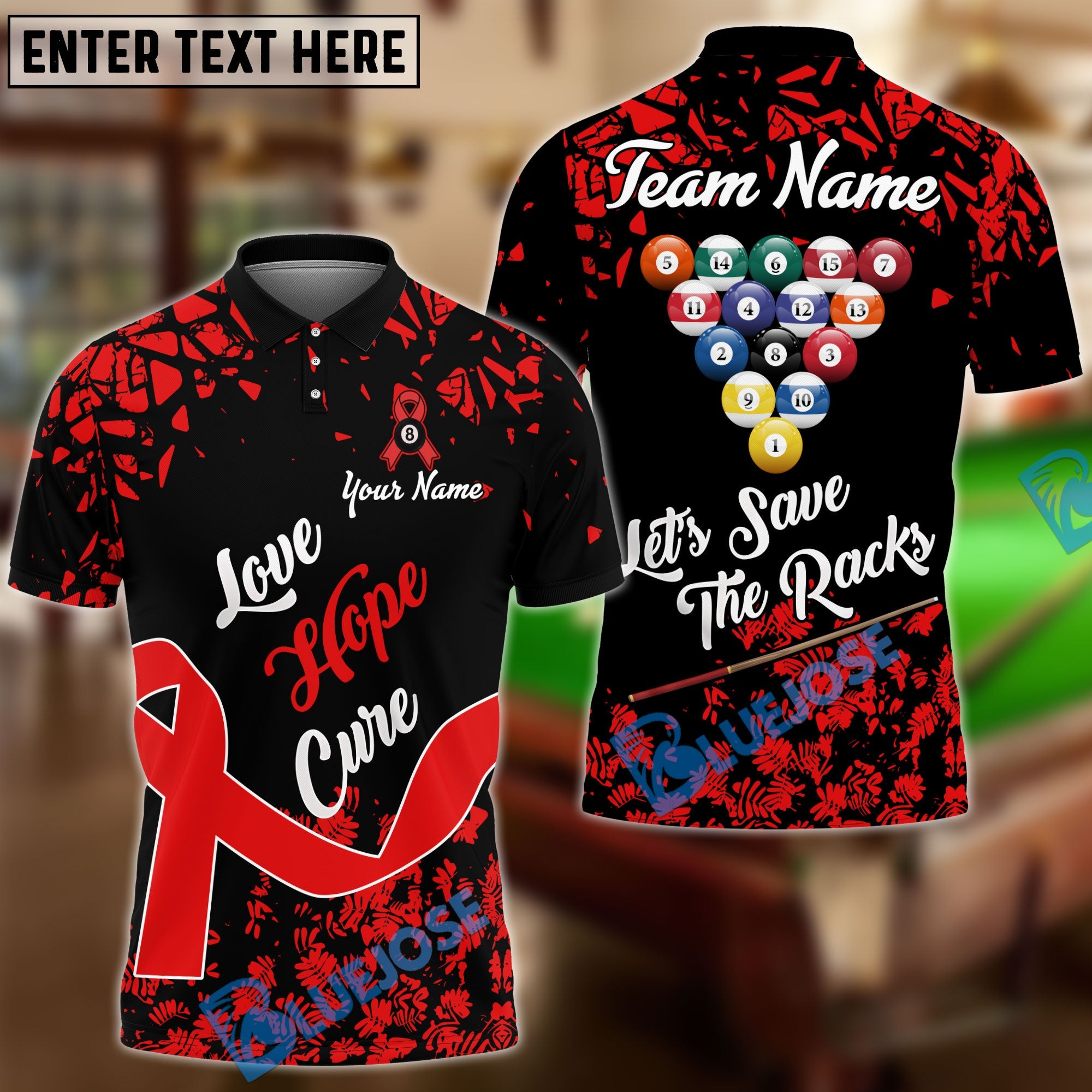 BlueJose Billiards Ball 8 Love Hope Cure For Awareness Personalized Name, Team Name Unisex Shirt (4 Colors)