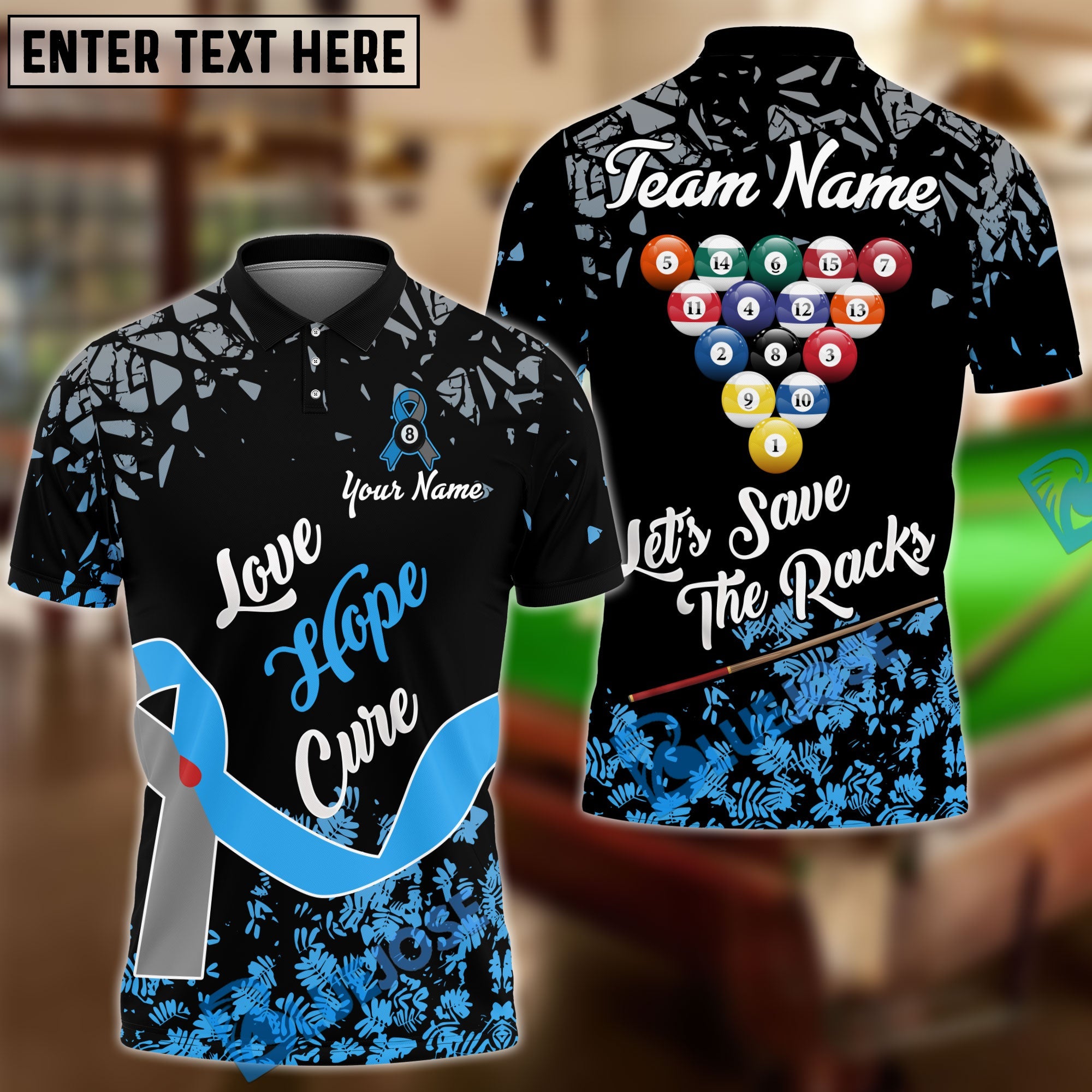 BlueJose Billiards Ball 8 Love Hope Cure For Awareness Personalized Name, Team Name Unisex Shirt (4 Colors)