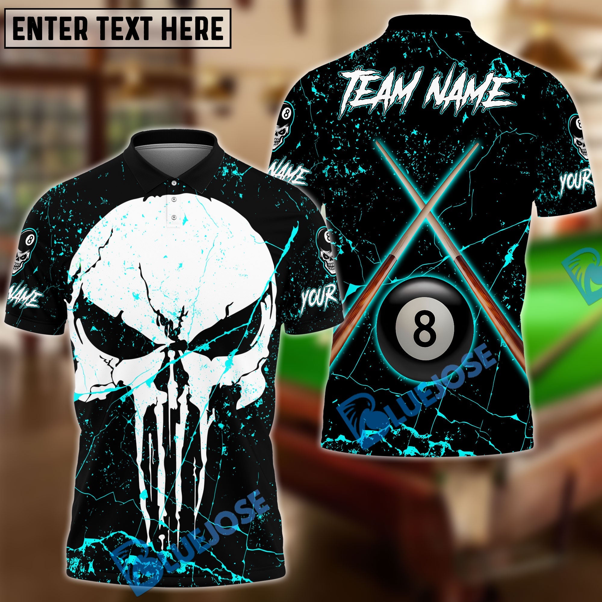 BlueJose Billiards 8 Ball Punisher Skull Crossing Cue Personalized Name, Team Name Unisex Shirt (4 Colors)