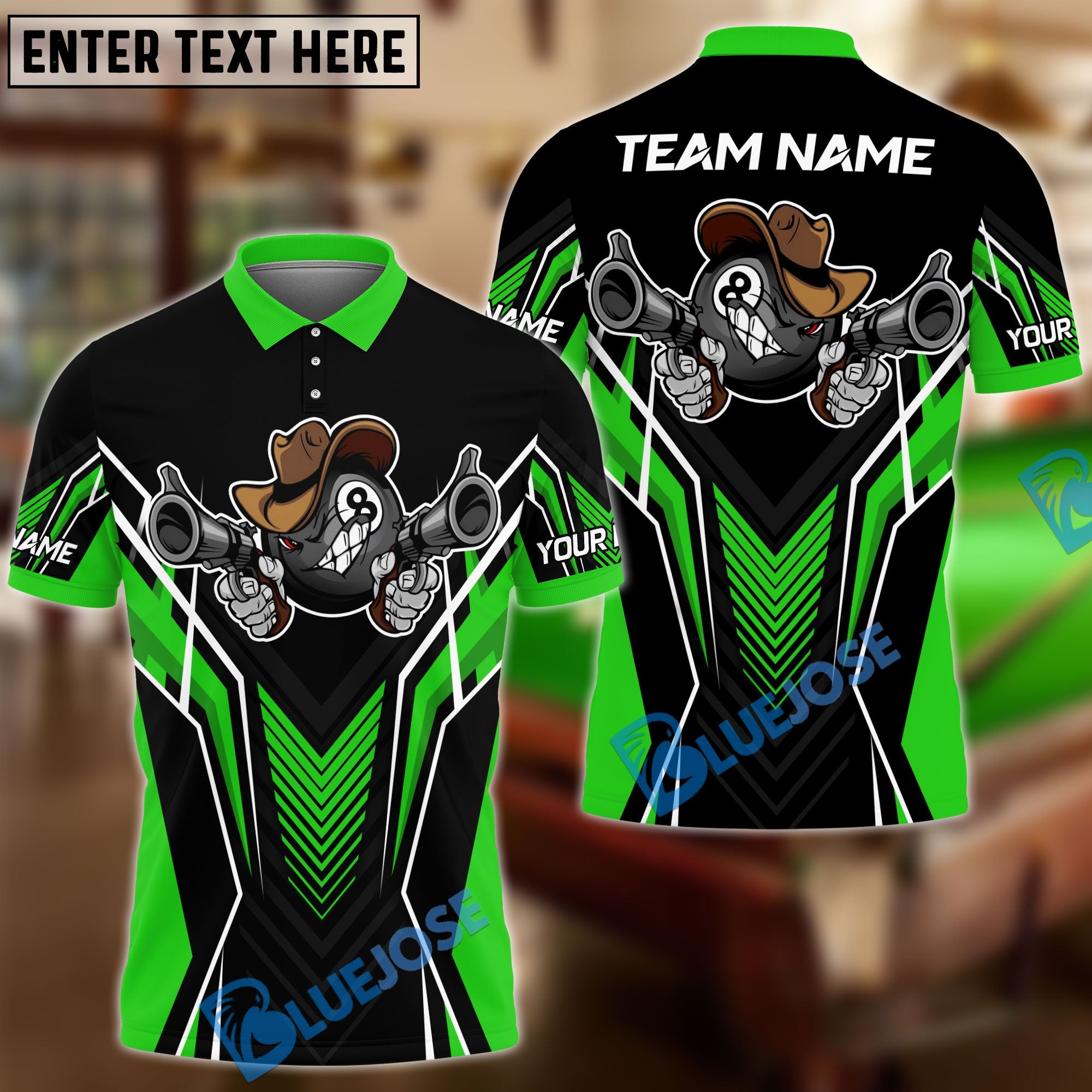 BlueJose Billiards 8 Ball Cowboy Gunny Premium Personalized Name, Team Name Unisex Shirt (4 Colors)
