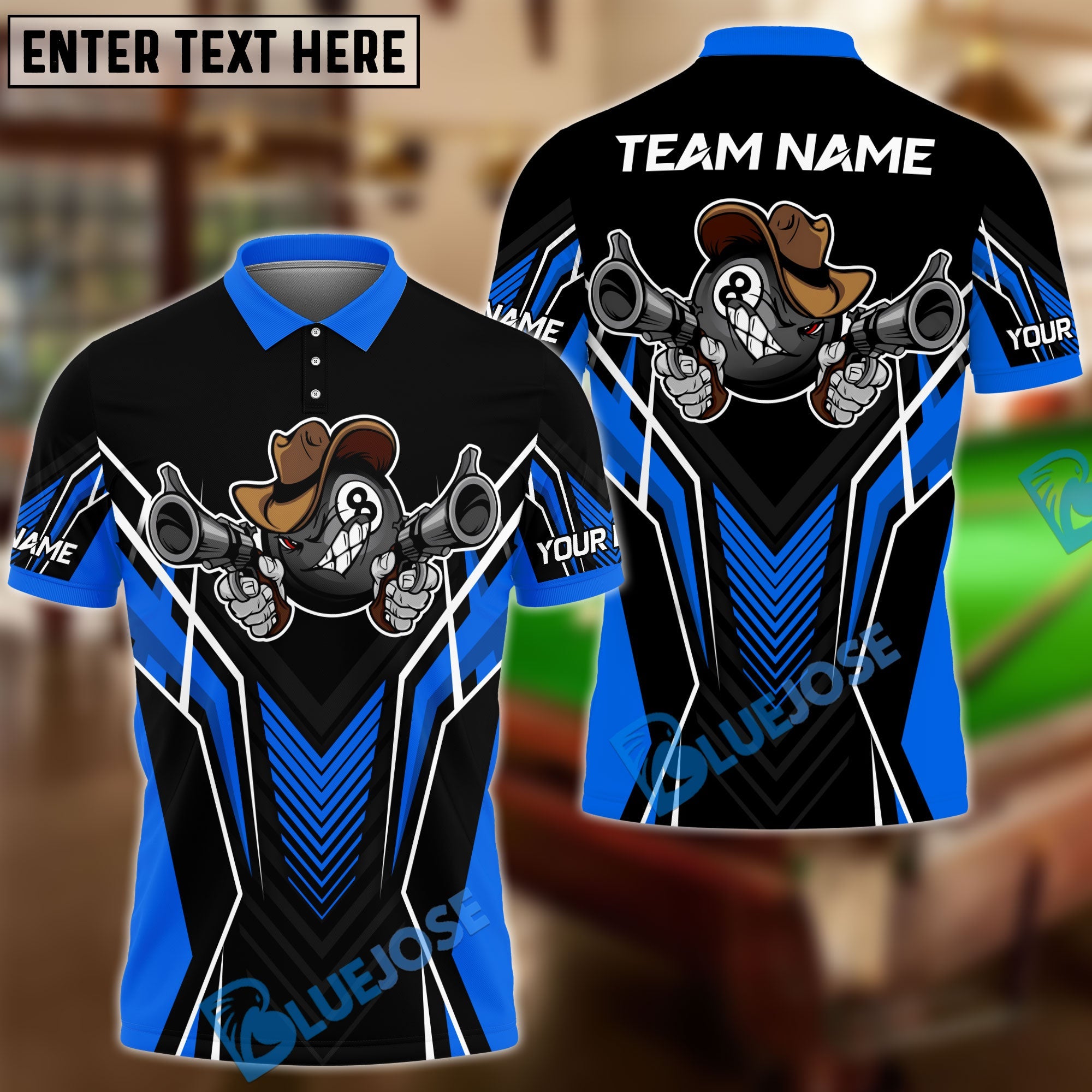 BlueJose Billiards 8 Ball Cowboy Gunny Premium Personalized Name, Team Name Unisex Shirt (4 Colors)