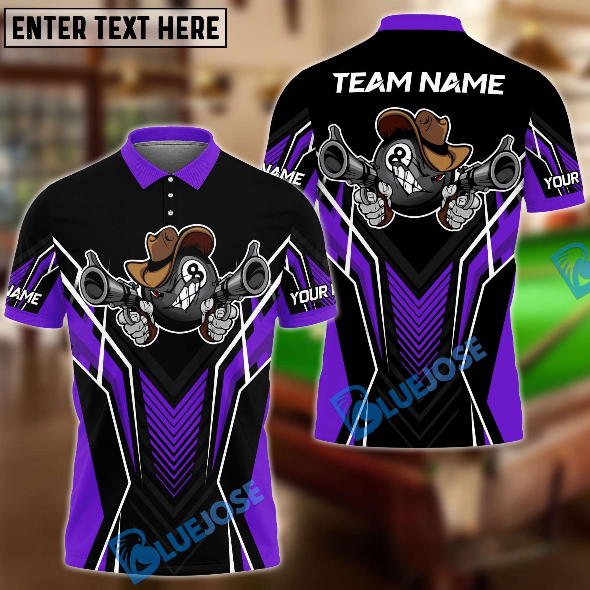 BlueJose Billiards 8 Ball Cowboy Gunny Premium Personalized Name, Team Name Unisex Shirt (4 Colors)