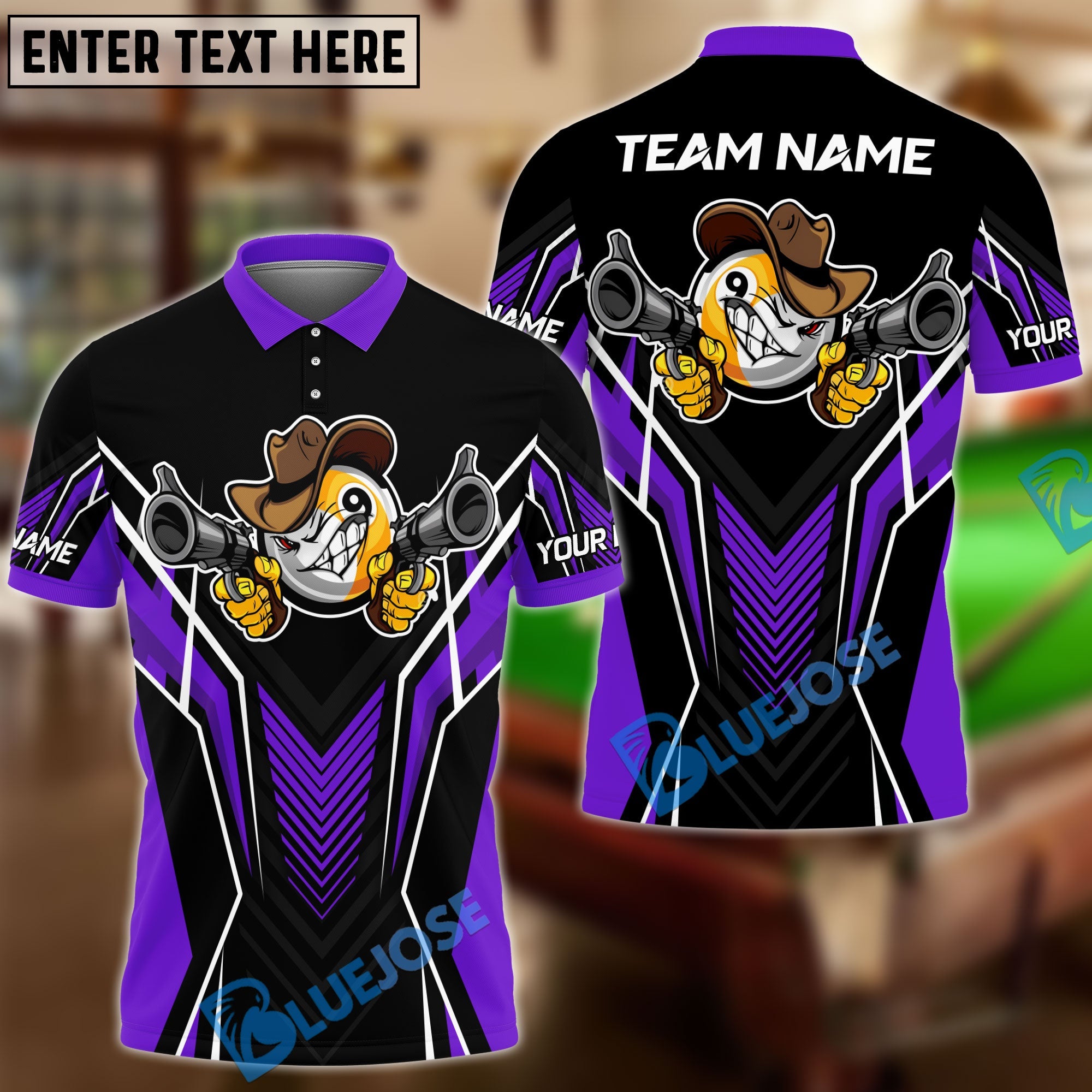 BlueJose Billiards 9 Ball Cowboy Gunny Premium Personalized Name, Team Name Unisex Shirt (4 Colors)