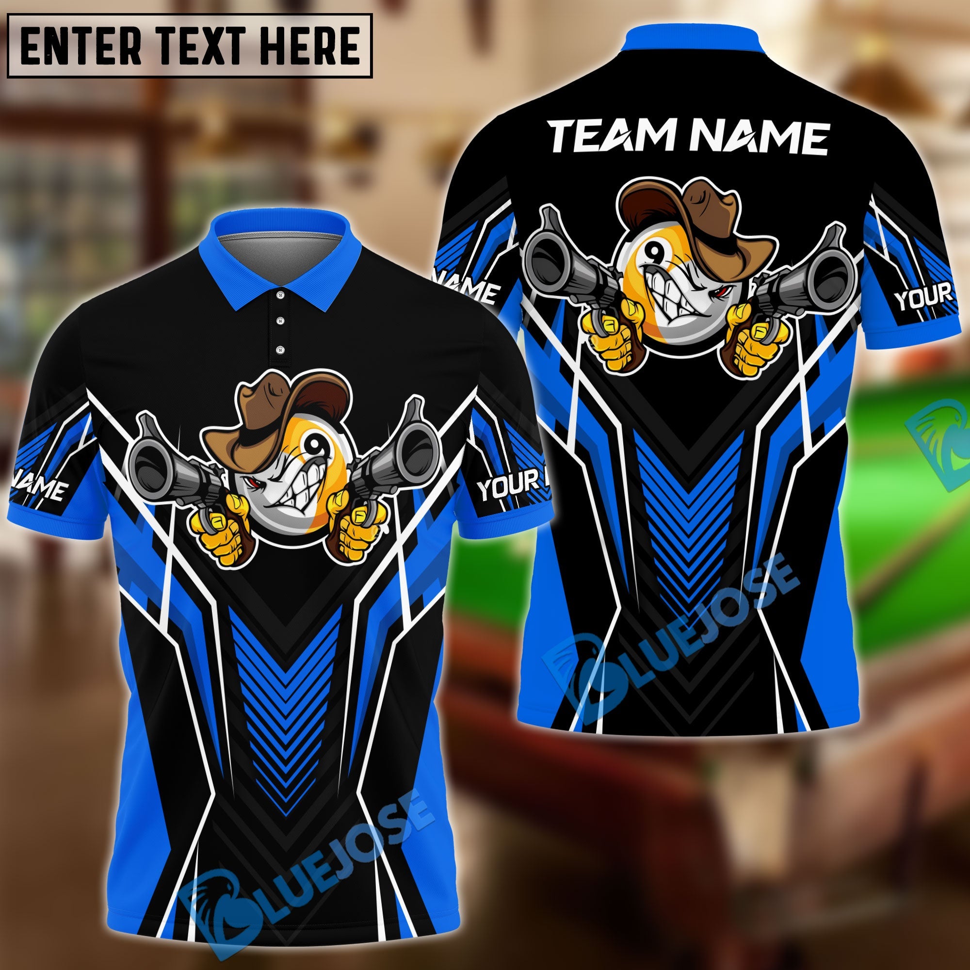 BlueJose Billiards 9 Ball Cowboy Gunny Premium Personalized Name, Team Name Unisex Shirt (4 Colors)