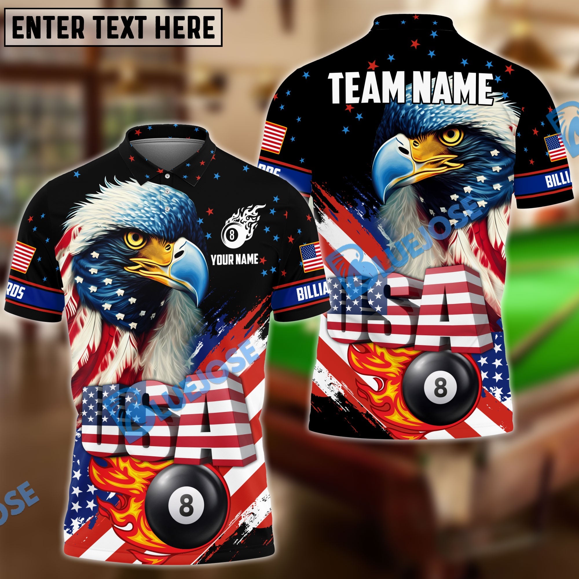 BlueJose Billiards Ball 8 Eagle Flag Star Personalized Name, Team Name Unisex Shirt (4 Colors)