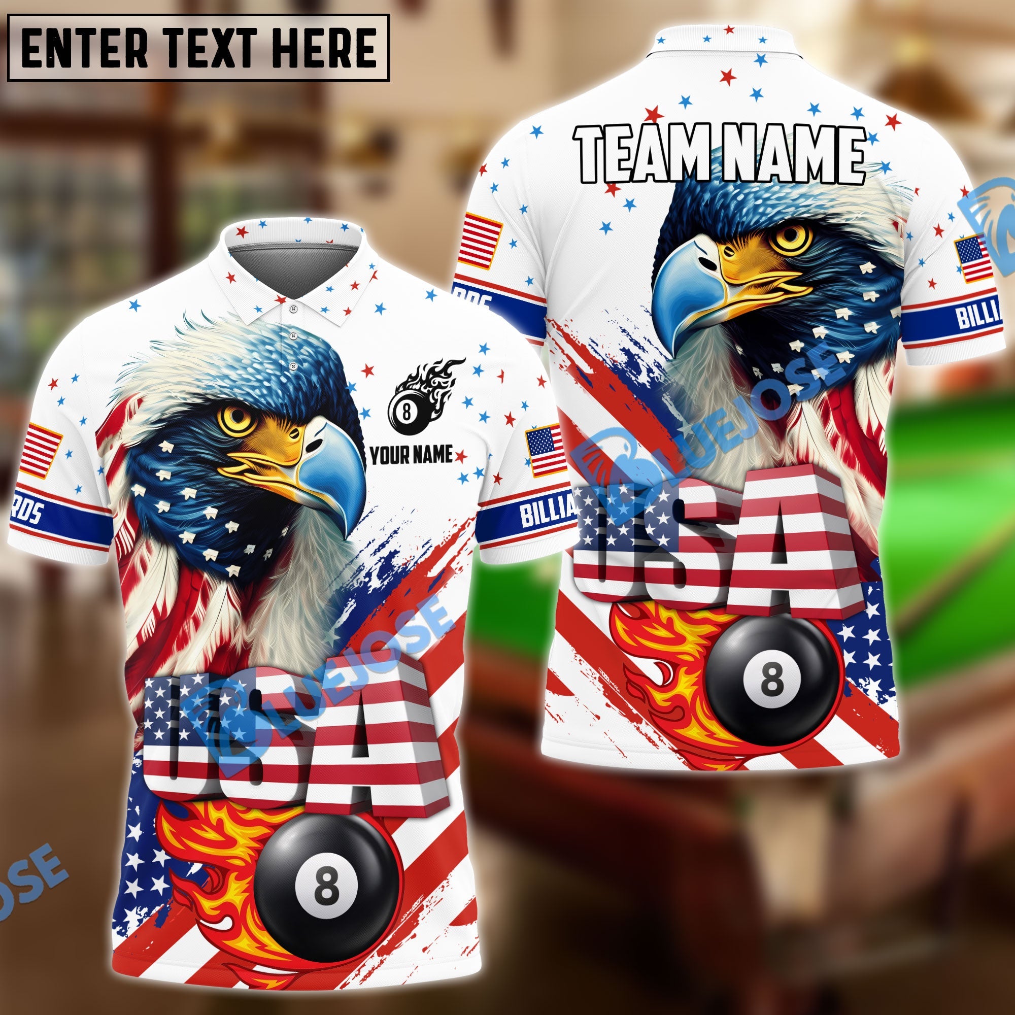 BlueJose Billiards Ball 8 Eagle Flag Star Personalized Name, Team Name Unisex Shirt (4 Colors)