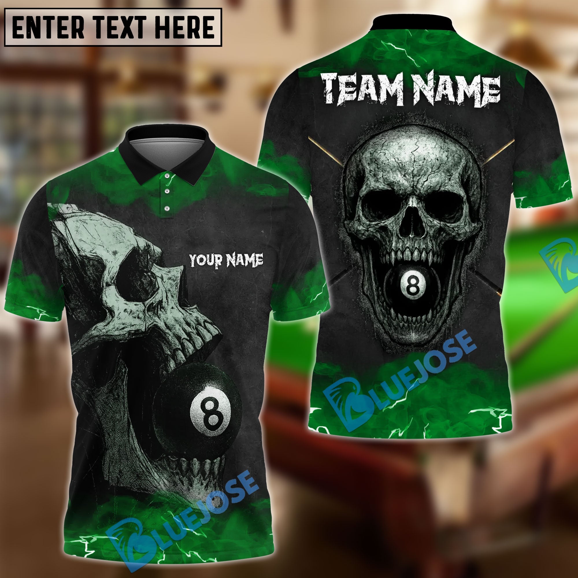 BlueJose Billiards Ball 8 Skull Thunder Personalized Name Shirt (4 Colors)
