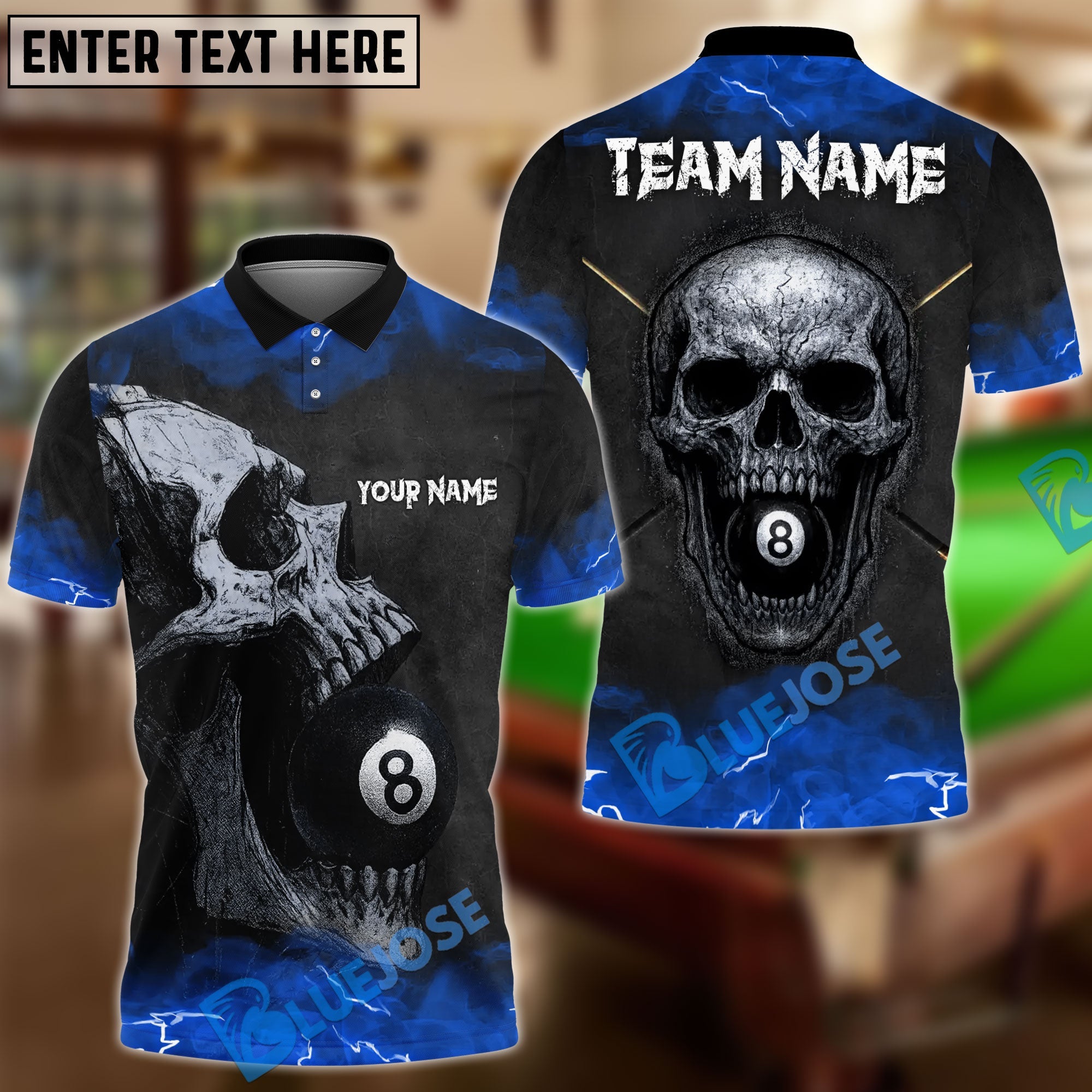 BlueJose Billiards Ball 8 Skull Thunder Personalized Name Shirt (4 Colors)