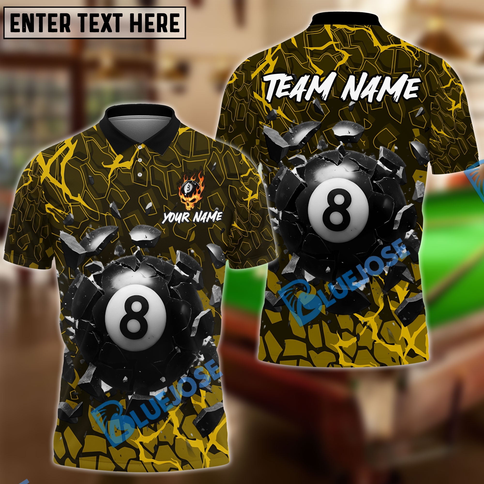 BlueJose Billiards 8-Ball Crack Wall Personalized Name, Team Name Unisex Shirt (6 Colors)