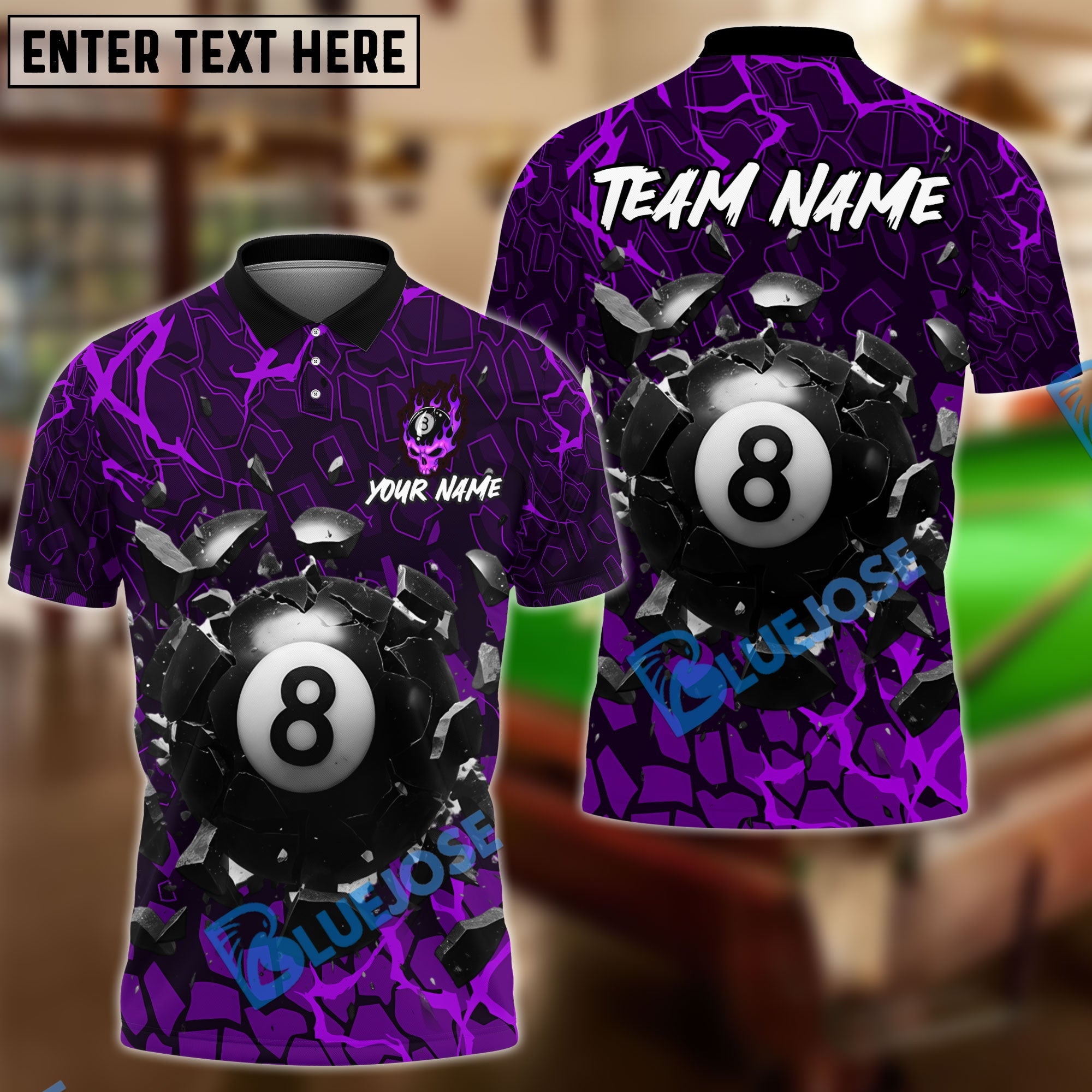 BlueJose Billiards 8-Ball Crack Wall Personalized Name, Team Name Unisex Shirt (6 Colors)