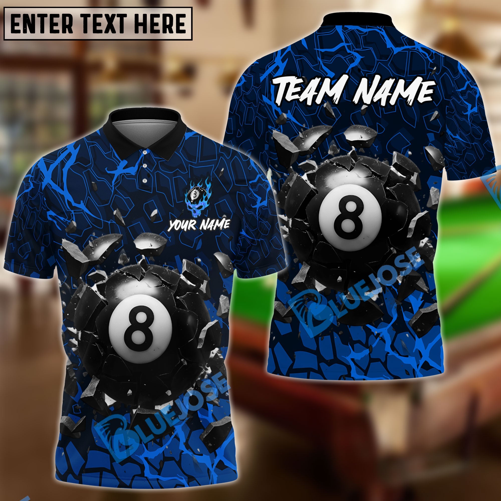 BlueJose Billiards 8-Ball Crack Wall Personalized Name, Team Name Unisex Shirt (6 Colors)