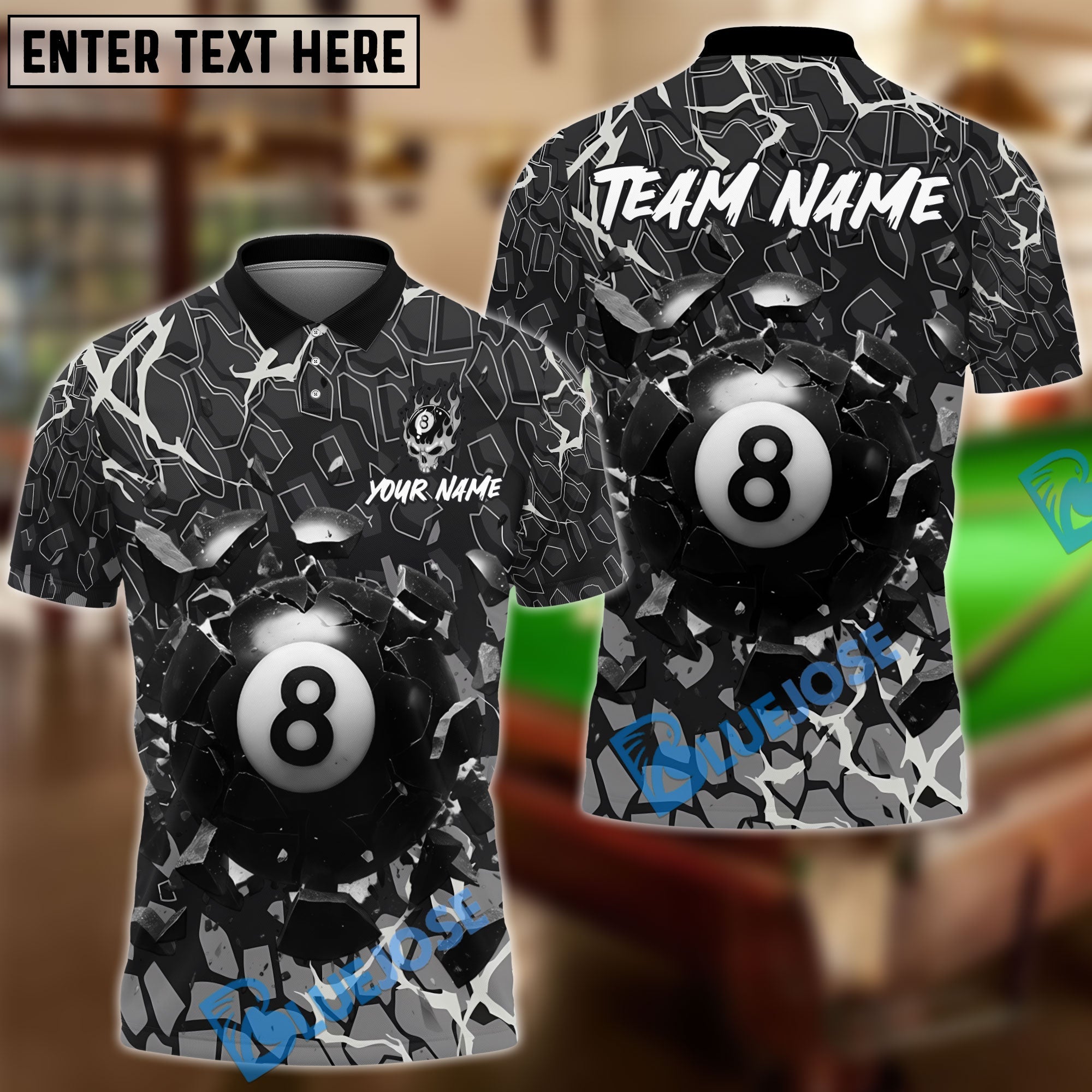 BlueJose Billiards 8-Ball Crack Wall Personalized Name, Team Name Unisex Shirt (6 Colors)