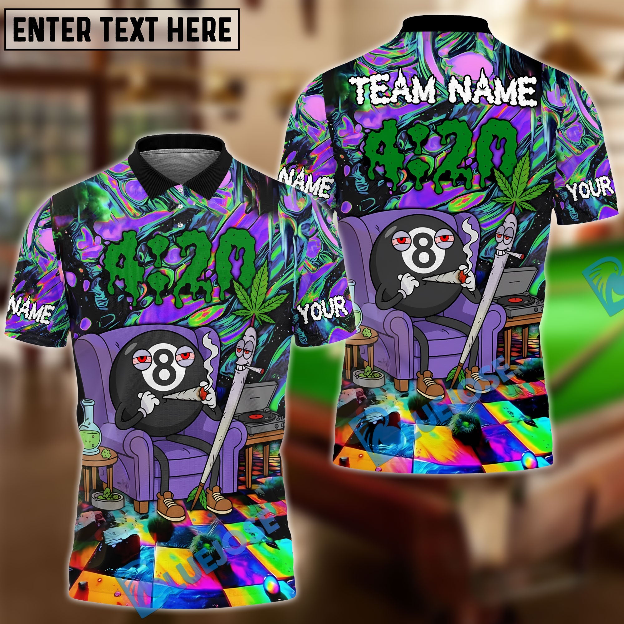 BlueJose Billiards 8-Ball 420 Vibe Trippy Chill Customized Name, Team Name 3D Shirt (4 Colors)