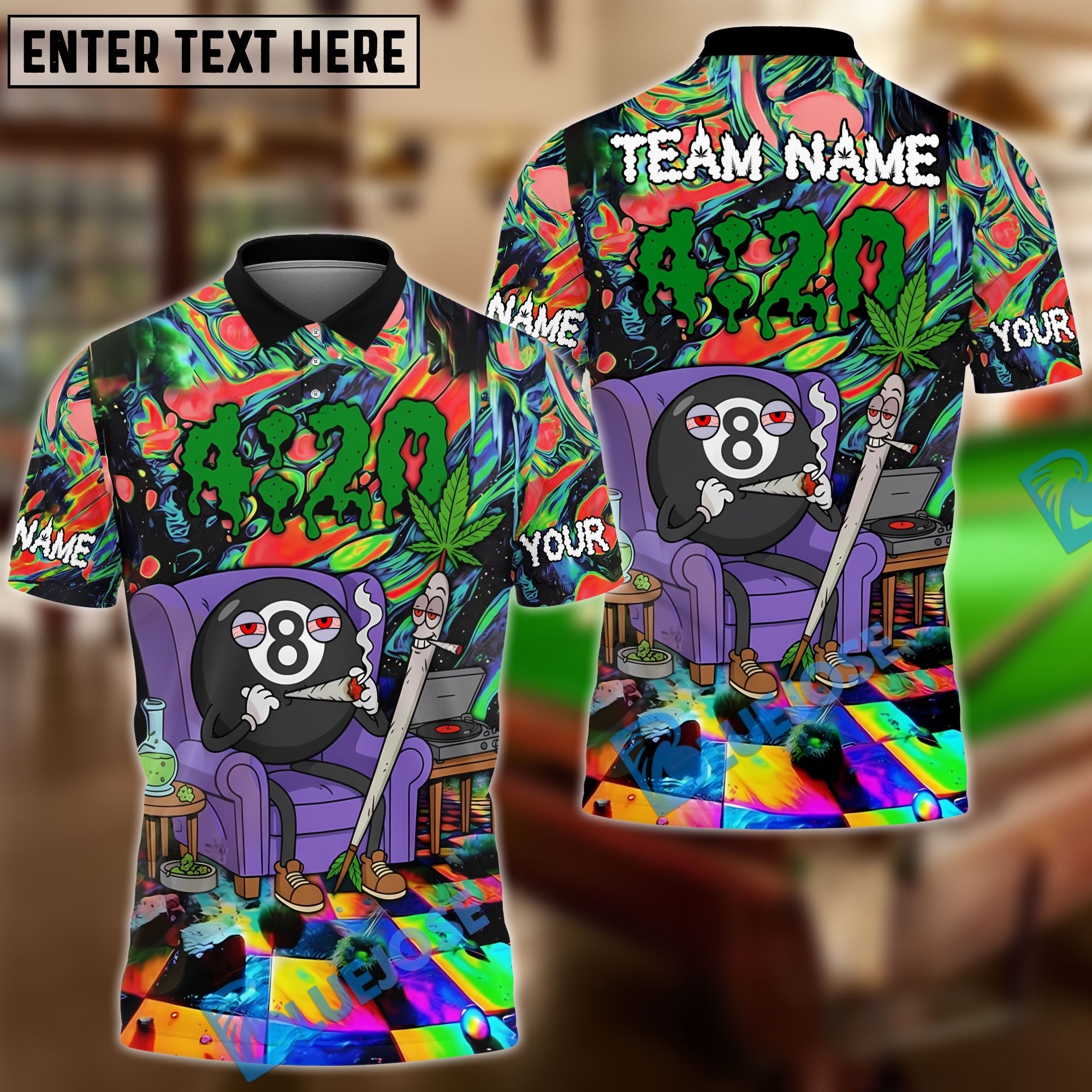 BlueJose Billiards 8-Ball 420 Vibe Trippy Chill Customized Name, Team Name 3D Shirt (4 Colors)