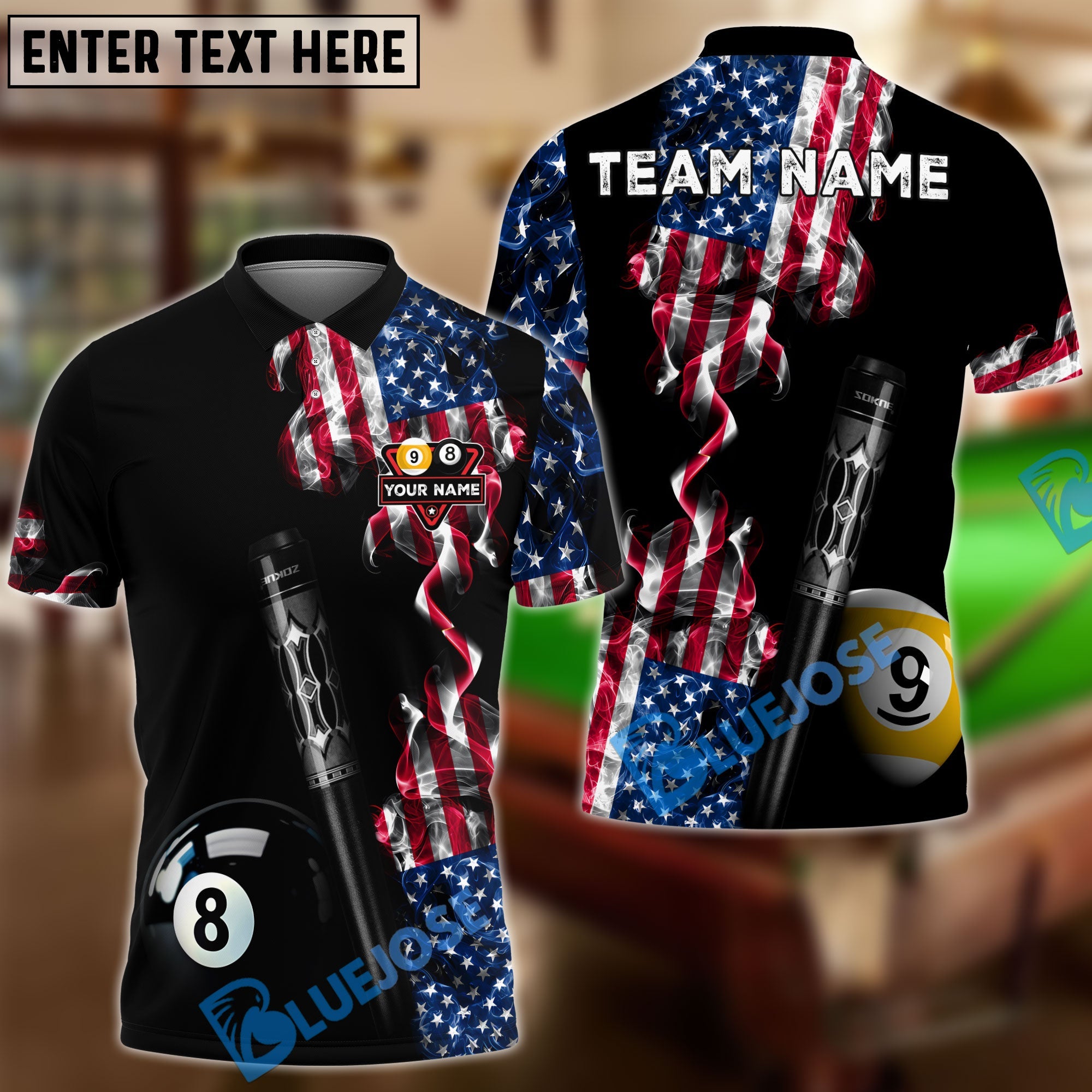 BlueJoses Billiards Ball 8 & 9 American Flag Smoke Deep Fantasy Customized Name, Team Name 3D Shirt