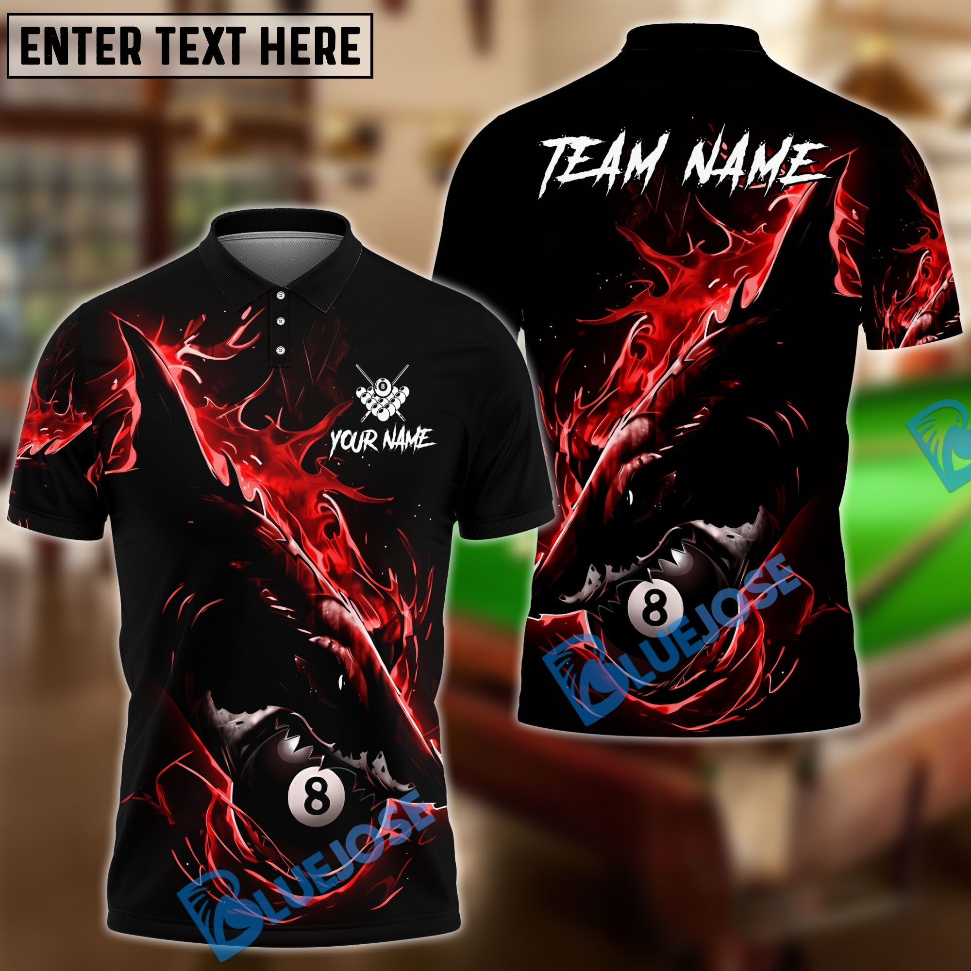 BlueJose Billiards Ball 8 Dark Shark Customized Name, Team Name 3D Shirt (4 Colors)
