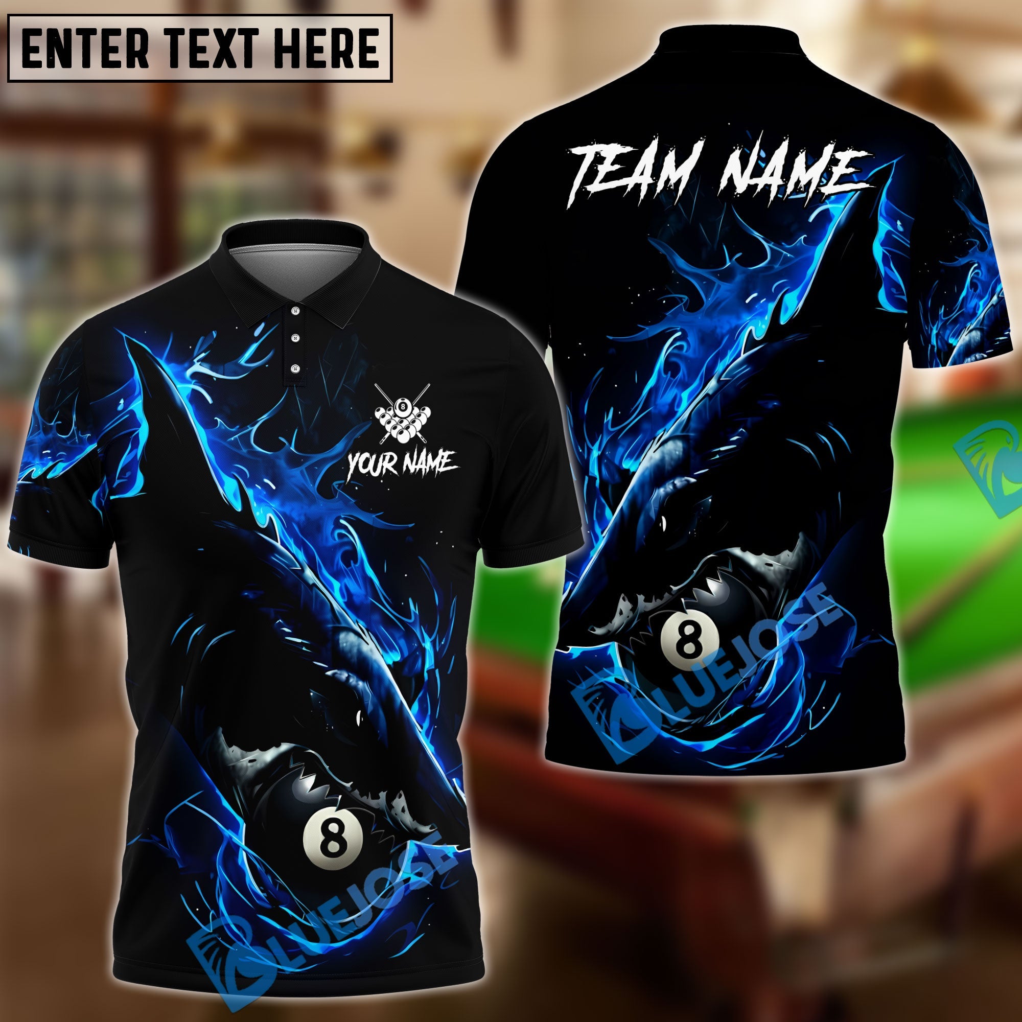 BlueJose Billiards Ball 8 Dark Shark Customized Name, Team Name 3D Shirt (4 Colors)
