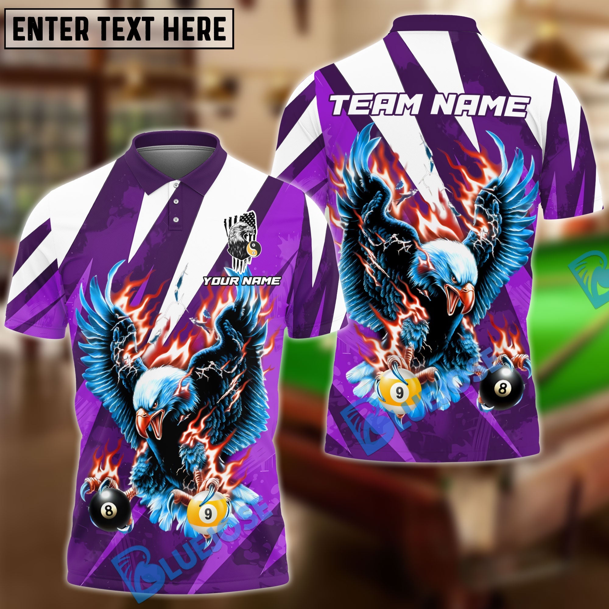 BlueJose Billiards Ball 8 & 9 Flame Soaring Eagle American Flag Customized Name, Team Name 3D Shirt (6 Colors)