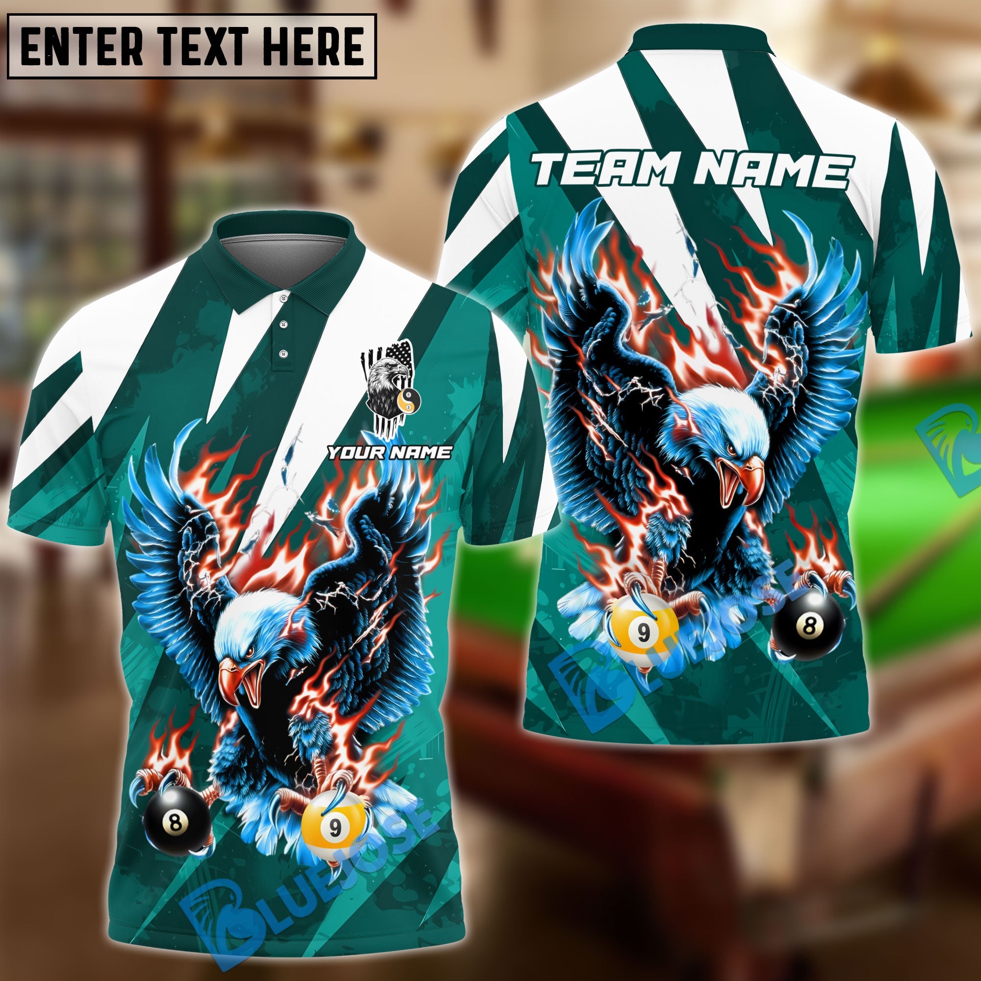 BlueJose Billiards Ball 8 & 9 Flame Soaring Eagle American Flag Customized Name, Team Name 3D Shirt (6 Colors)
