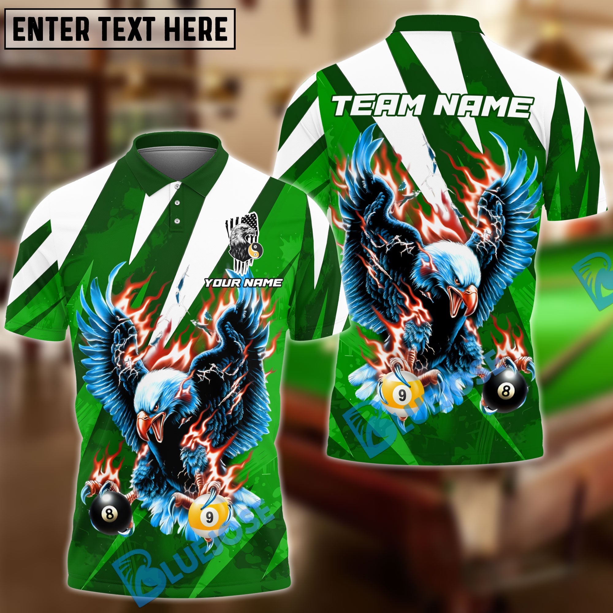 BlueJose Billiards Ball 8 & 9 Flame Soaring Eagle American Flag Customized Name, Team Name 3D Shirt (6 Colors)