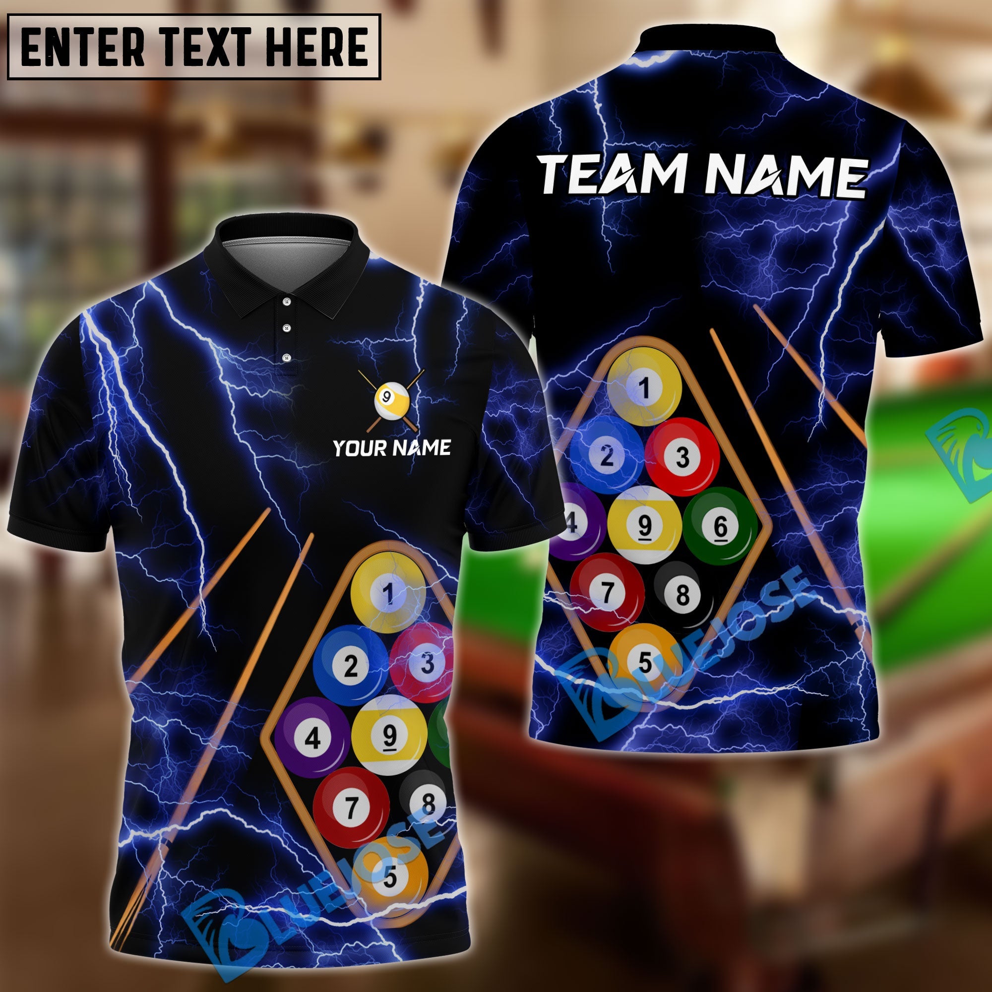 BlueJose Billiards Ball 9 Black Thunder Lightning Customized Name, Team Name 3D Shirt (6 Colors)