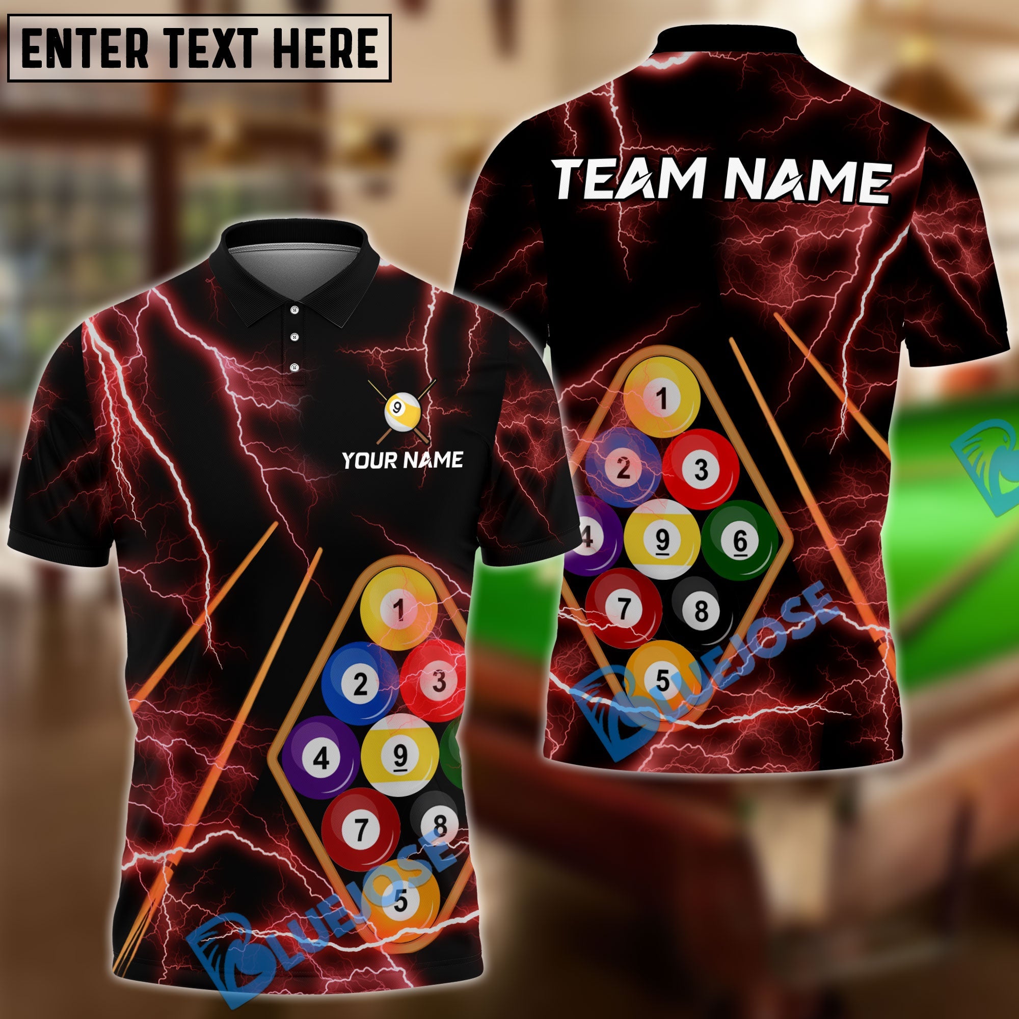 BlueJose Billiards Ball 9 Black Thunder Lightning Customized Name, Team Name 3D Shirt (6 Colors)