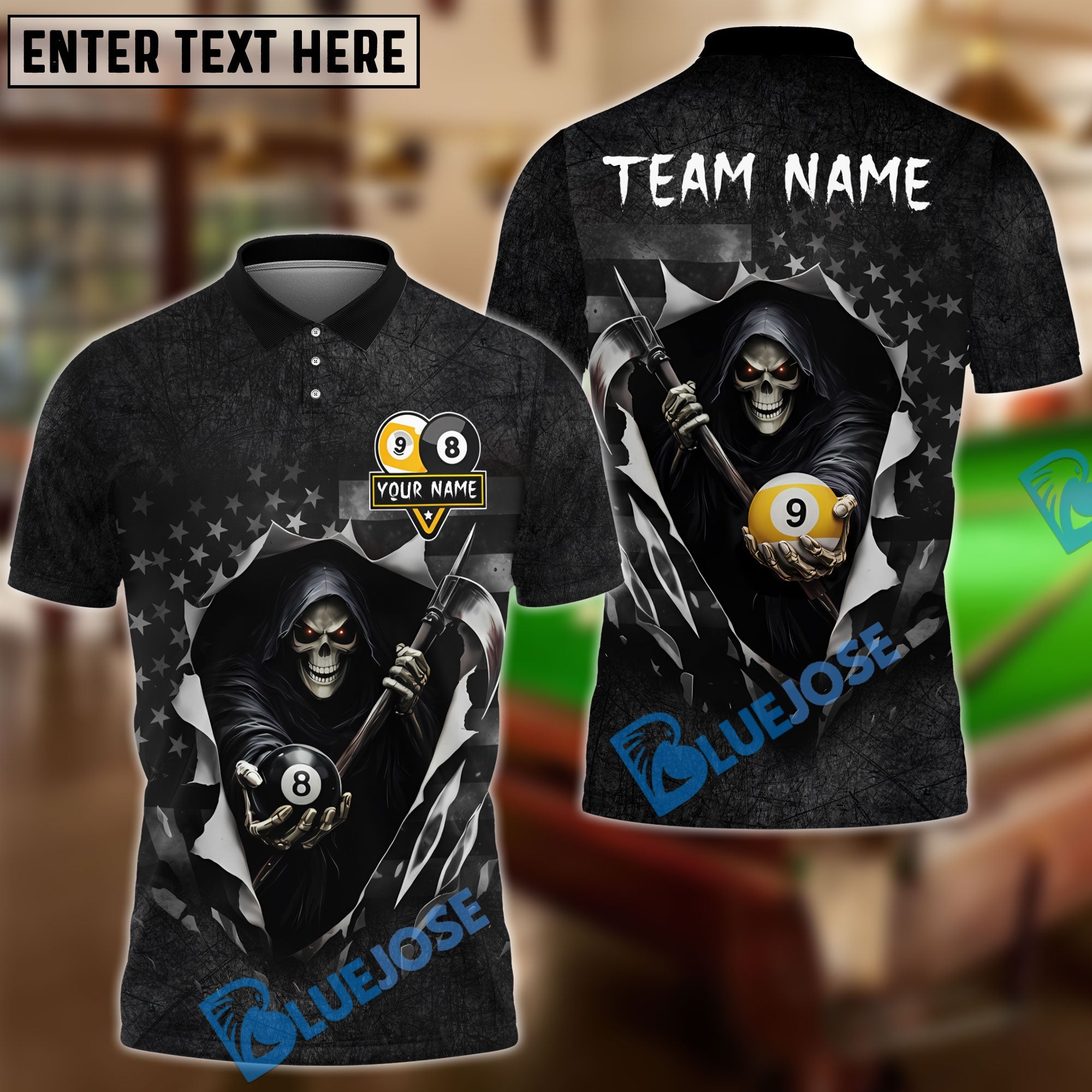 BlueJose Billiards Ball 8 And 9 American Flag Reaper Personalized Shirt (2 Colors)